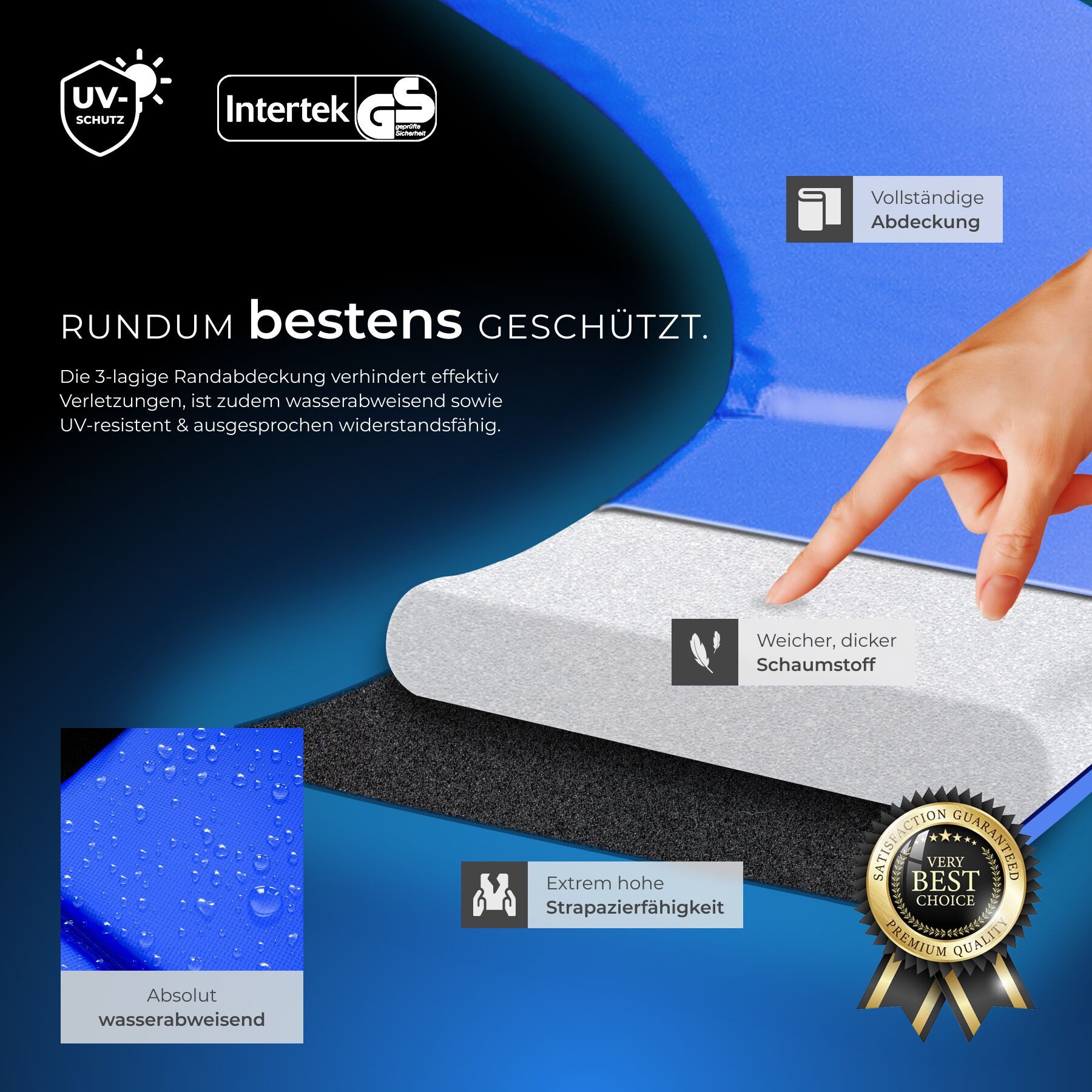 tectake Gartentrampolin Kindertrampolin mit Einstiegsleiter und Sicherheitsnetz Ø 305 cm, (Outdoortrampolin Jumpy, in schwarz/blau), GS zertifiziert, Randabdeckung, reißfestes Sprungtuch