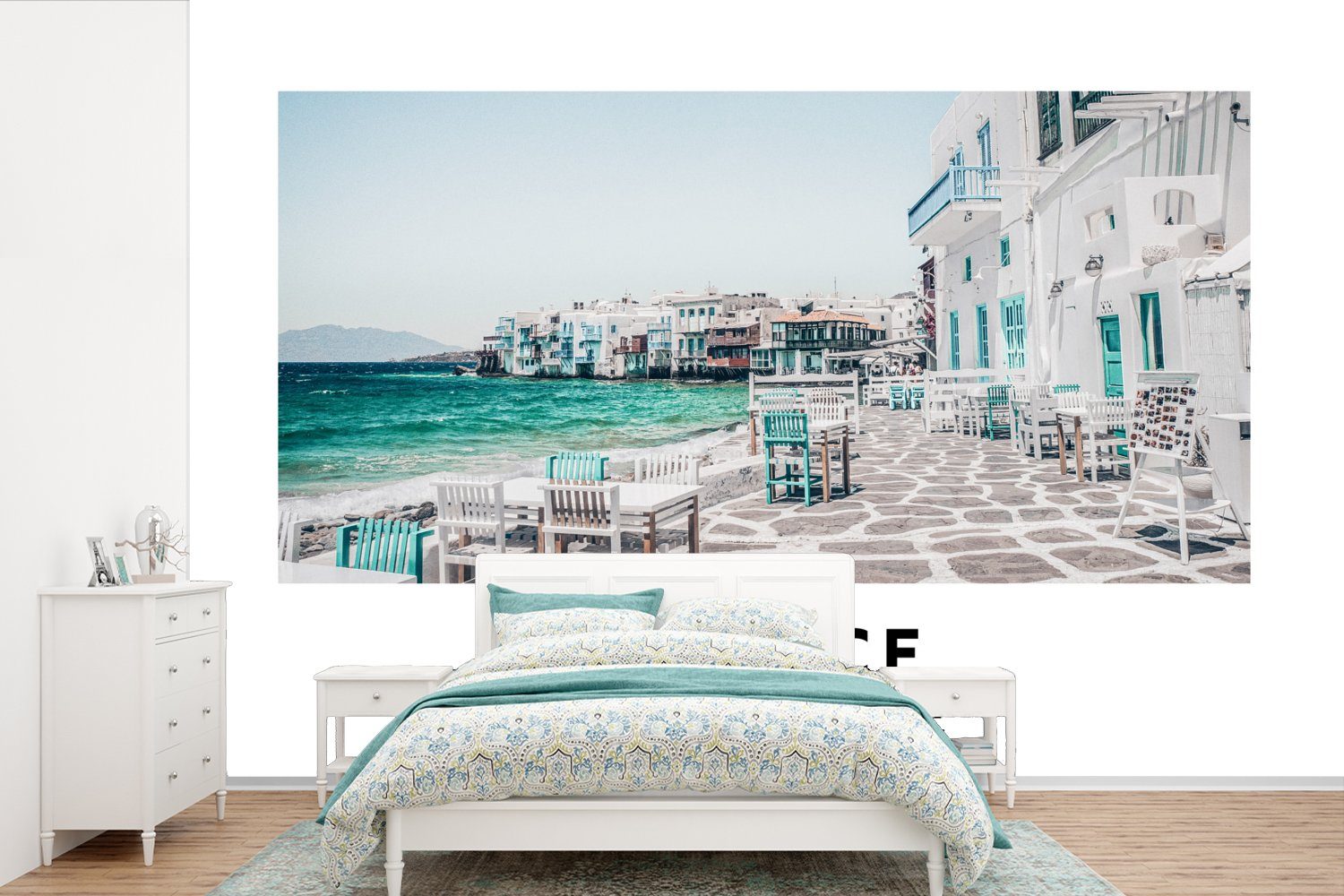 MuchoWow Fototapete Griechenland - Blau - Meer - Stühle, Matt, bedruckt, (6 St), Wallpaper für Wohnzimmer, Schlafzimmer, Kinderzimmer, Vinyl Tapete