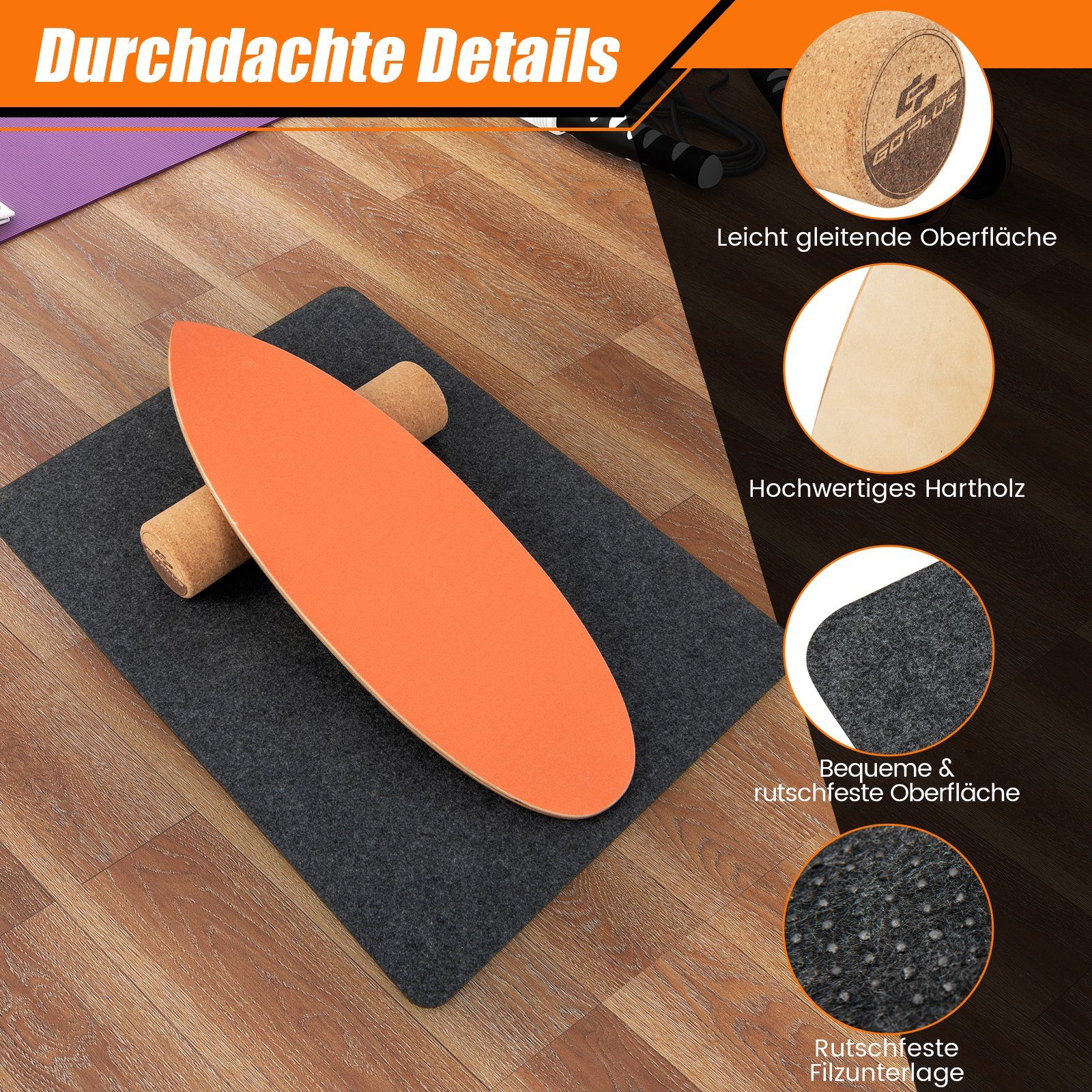 COSTWAY Balanceboard, aus Holz, für zuhause, inkl. Korkrolle, bis 227kg
