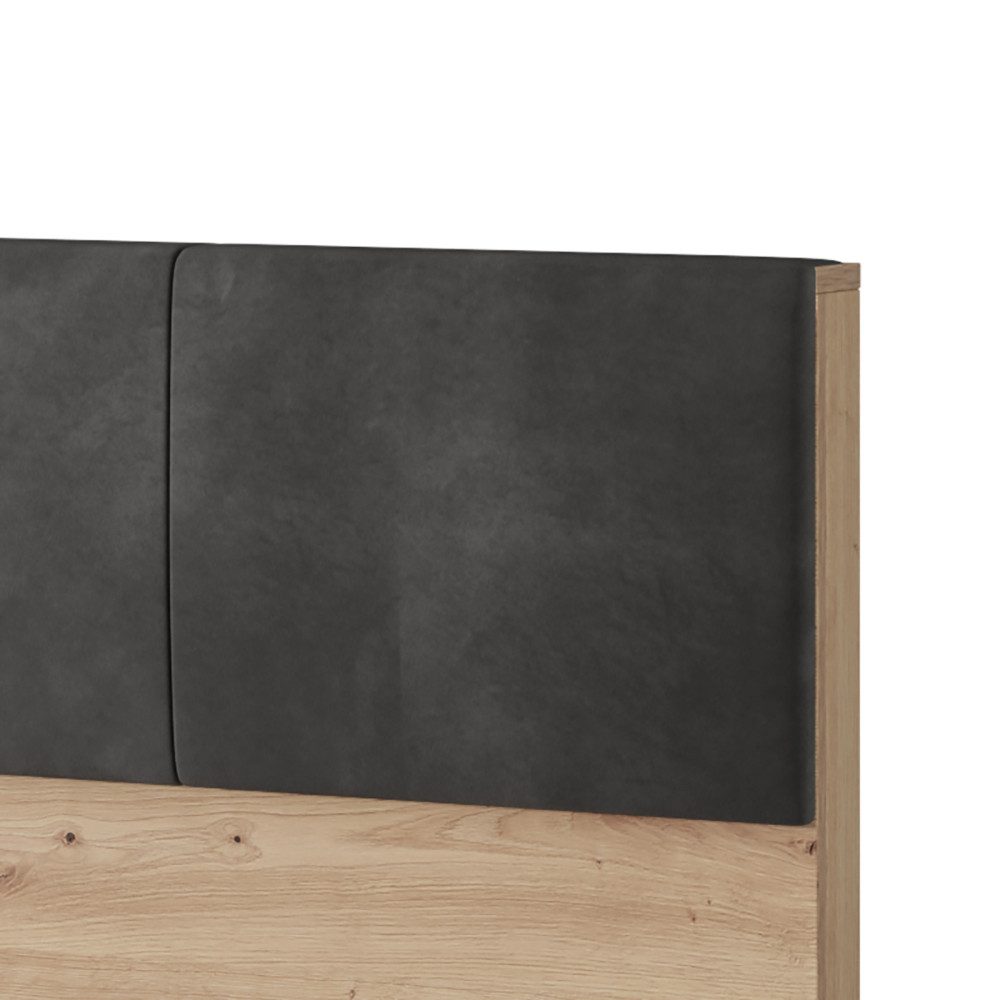 Lomadox Schlafzimmer-Set TALCA-167, (Spar-Set, 4-tlg., Bettgestell Lattenrost aufklappbar Nachtkommoden Beleuchtung Kommode), Eiche Dekor 160x200 cm Kopfteil gepolstert Lattenrost LED Beleuchtung