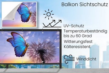MuchoWow Balkonsichtschutz Schmetterling - Sonnenuntergang - Löwenzahn - Blau (1-St) Balkonbanner, Sichtschutz für den Balkon, Robustes und wetterfest