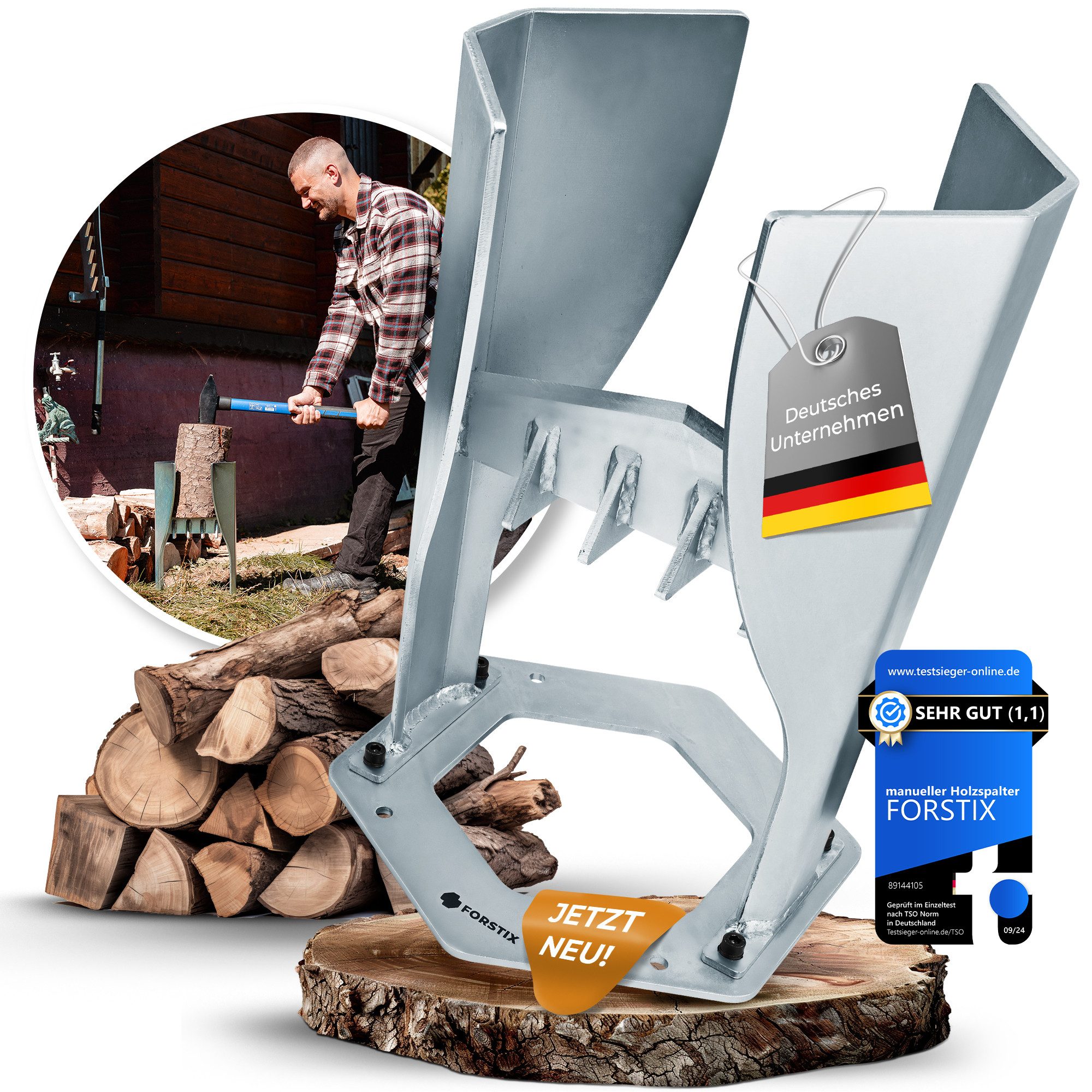 FORSTIX® Разделитель бревен PowerSplit – Manueller Разделитель бревен für Brennholz & Anzündholz, Spaltgutdurchmesser bis 22 cm, (Einzelartikel), Manuell, Spalterhöhe 45 cm