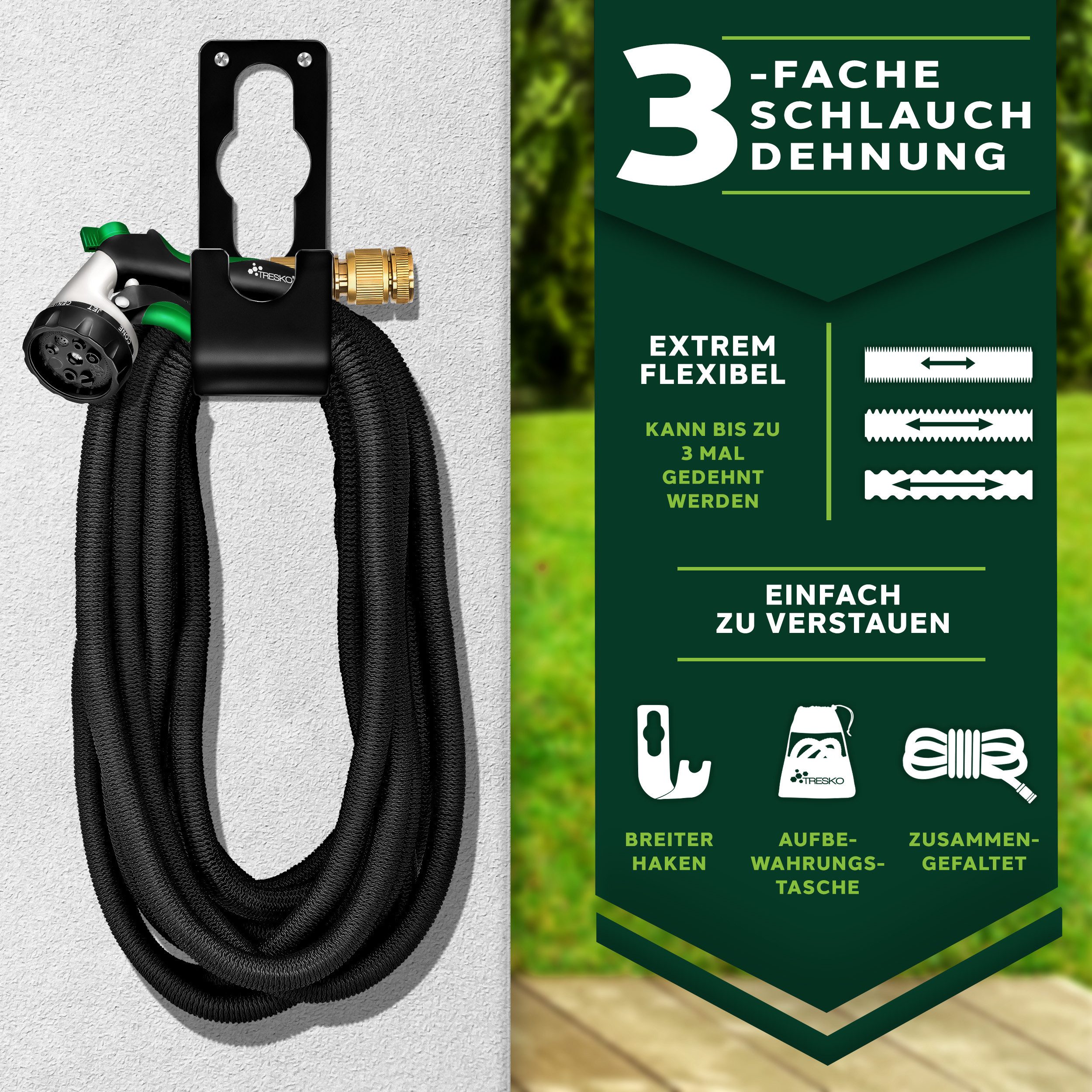 TRESKO Gartenschlauch Flexibler Wasserschlauch mit 3-Fach Latexkern, flexischlauch, - alle Verschraubungen aus hochwertigem Messing – Bild 4 von 5