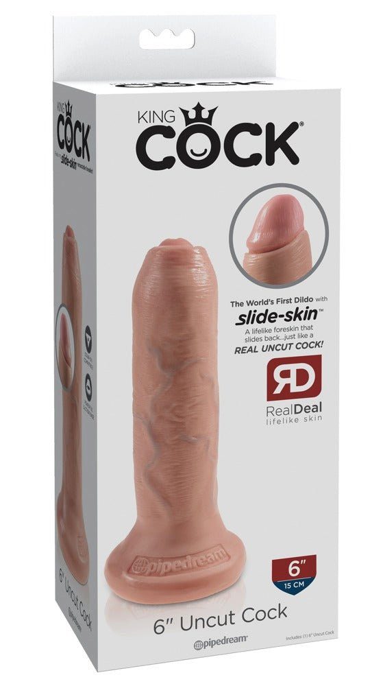 KING COCK Dildo Naturdildo „6" Uncut Cock“ mit beweglicher Vorhaut, Besonders realistisch. Mit Standfuß - kompatibel mit Strap-on.