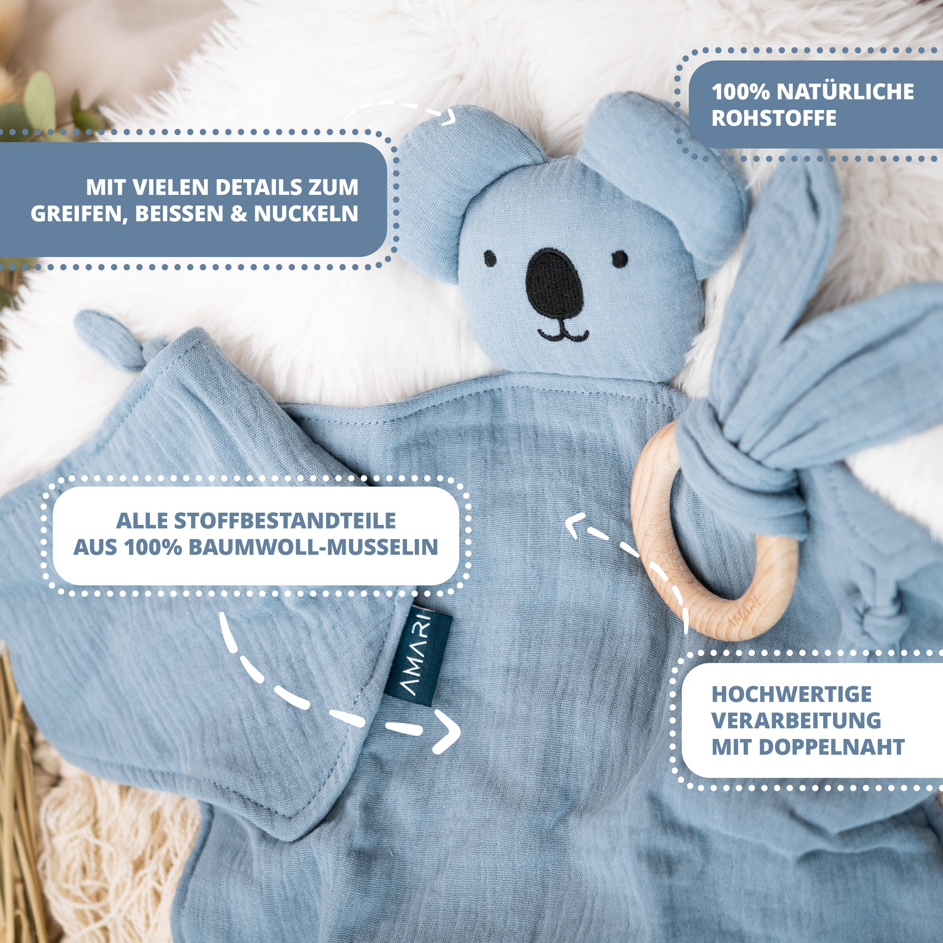 Amari Schmusetuch AMARI ® Schmusetuch mit Beißring und Lätzchen