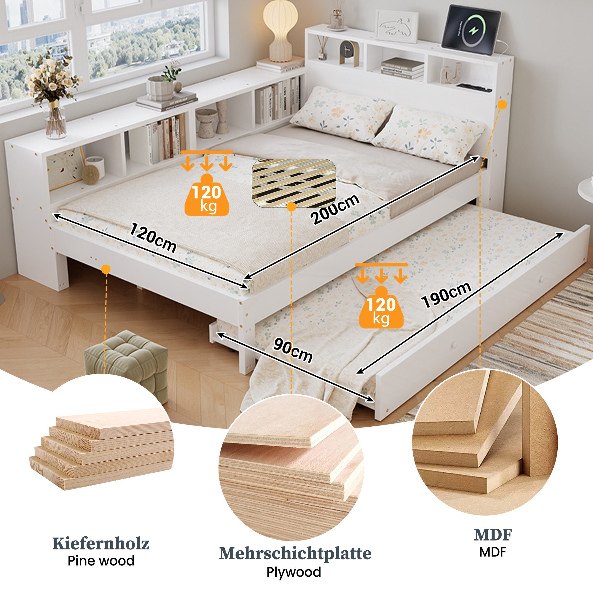 i@home Funktionsbett Daybett Holzbett 120x200 cm mit Ausziehbett 90x190 cm, weiß, seitlich Stauraumregal links/rechts montierbar, KInderbett,Jugendbett