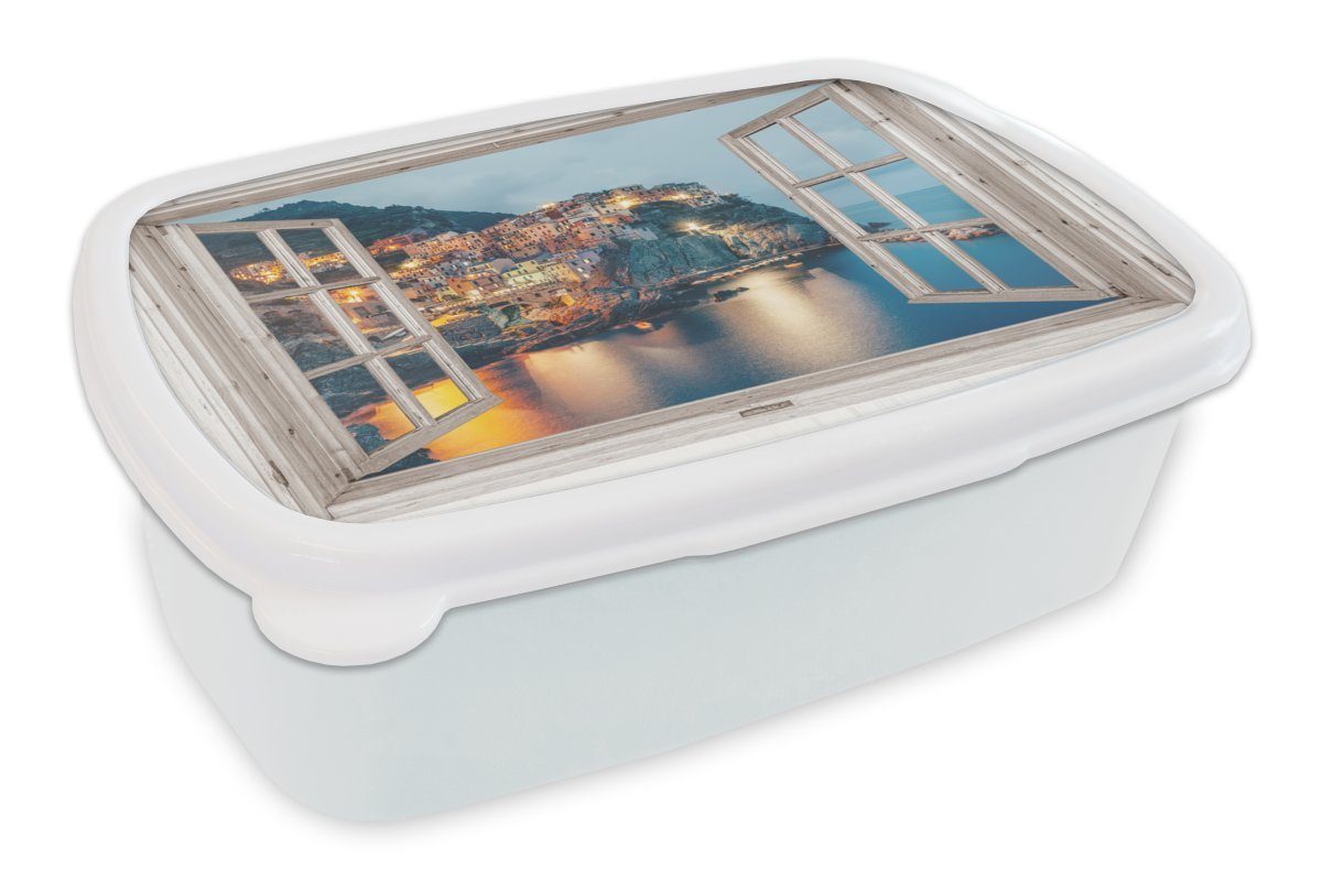 MuchoWow Lunchbox Ausblick - Italien - Meer, Kunststoff, (2-tlg), Brotbox für Kinder und Erwachsene, Brotdose, für Jungs und Mädchen weiß