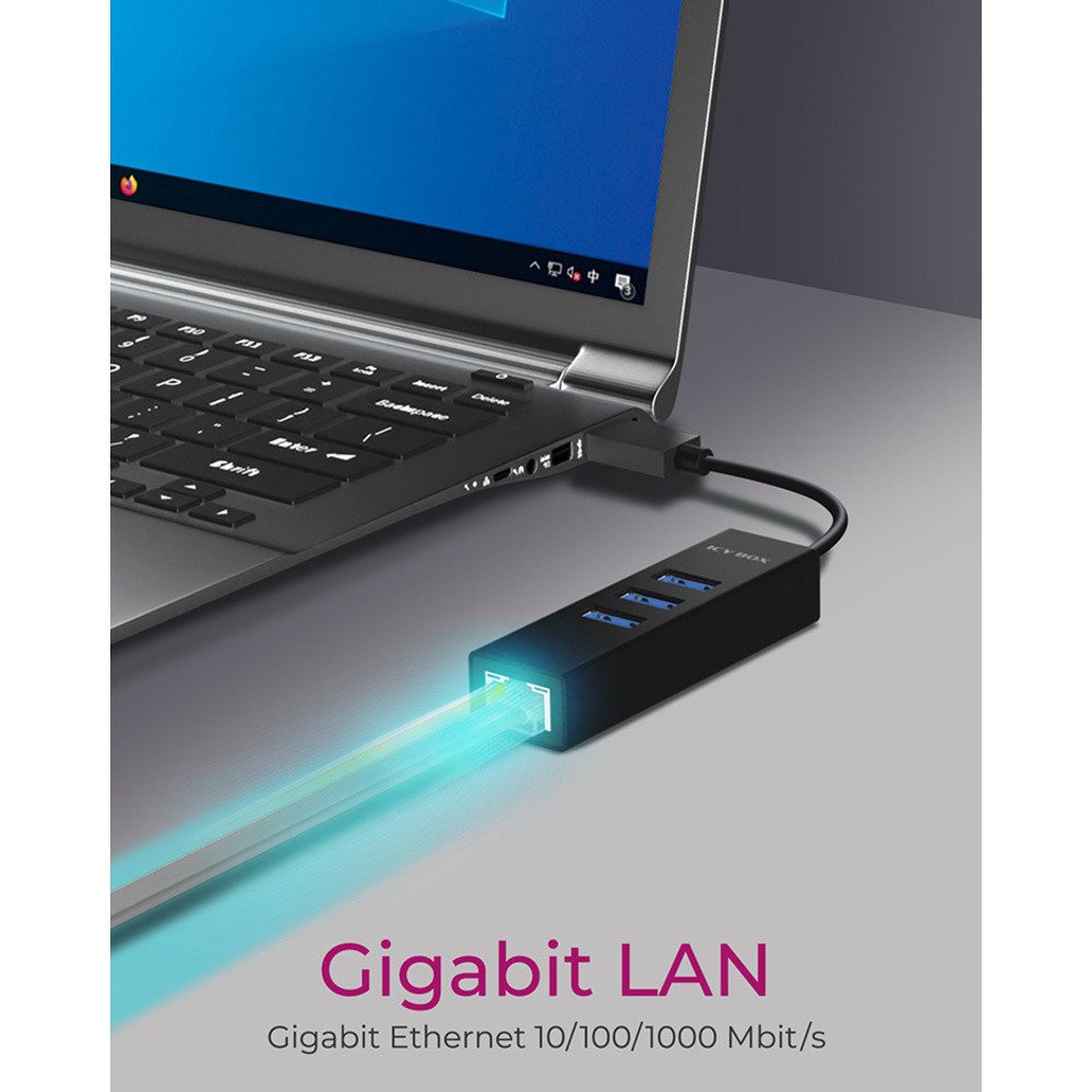 ICY BOX USB-Verteiler ICY BOX IB-HUB1419-LAN USB-Hub 4 Port USB-A, RJ45 USB 3.1 Gen1 5 GBit/