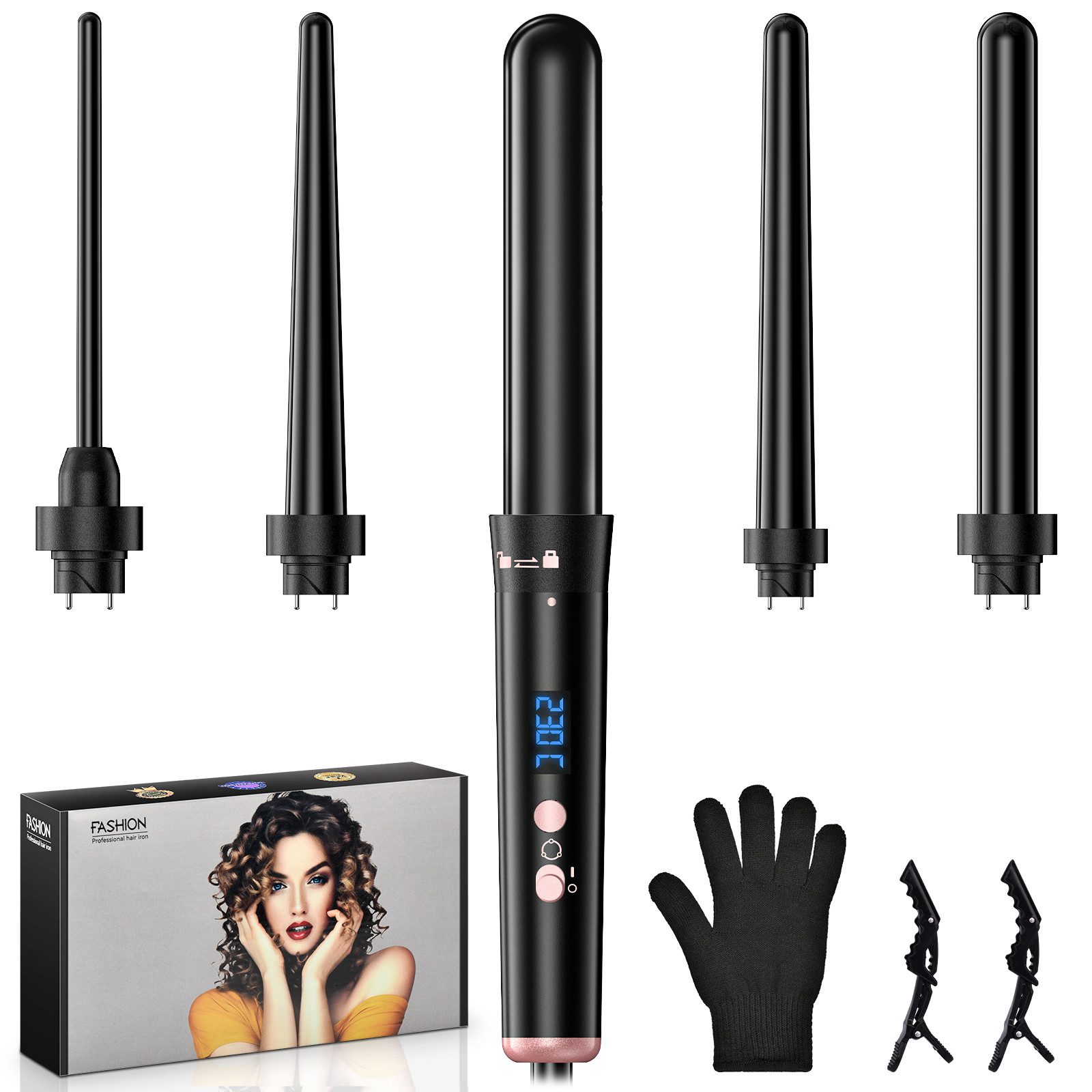 AIBISTAR Lockenstab 5in1 Multifunktions-Lockenstylist 9-32mm, 160-230℃ regelbar, LCD Digitaldisplay,Automatic Lock,Für Zuhause und Reisen geeignet