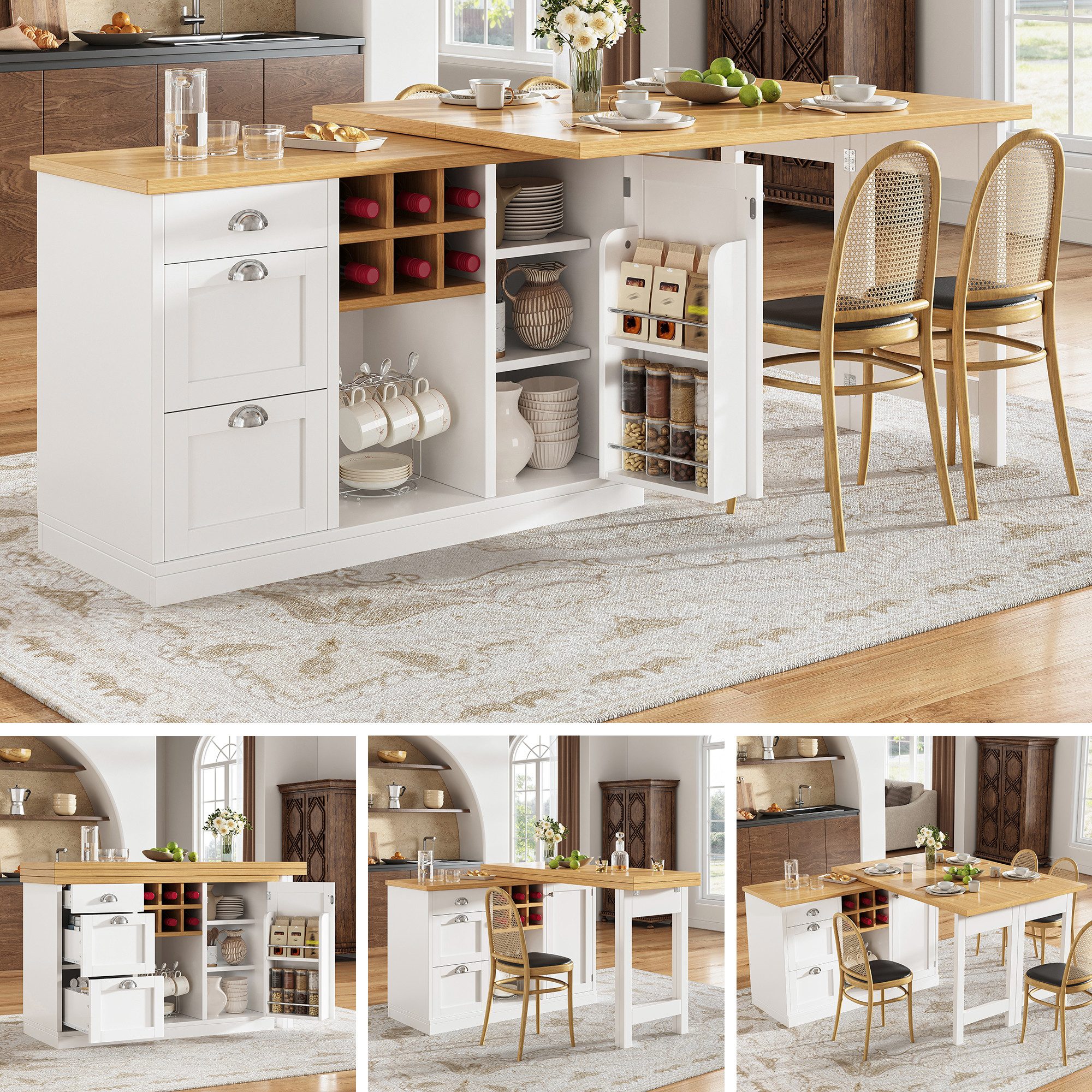 Flieks Kücheninsel Küchenschrank mit 360° drehbarer und klappbarer Arbeitstisch, (Holzoptik Tischplatte Tiefe 40-80cm, Längenverstellbar 120-197cm), ausziehbarer Esstisch & Mehrzweckschrank mit Weinregal Weiß
