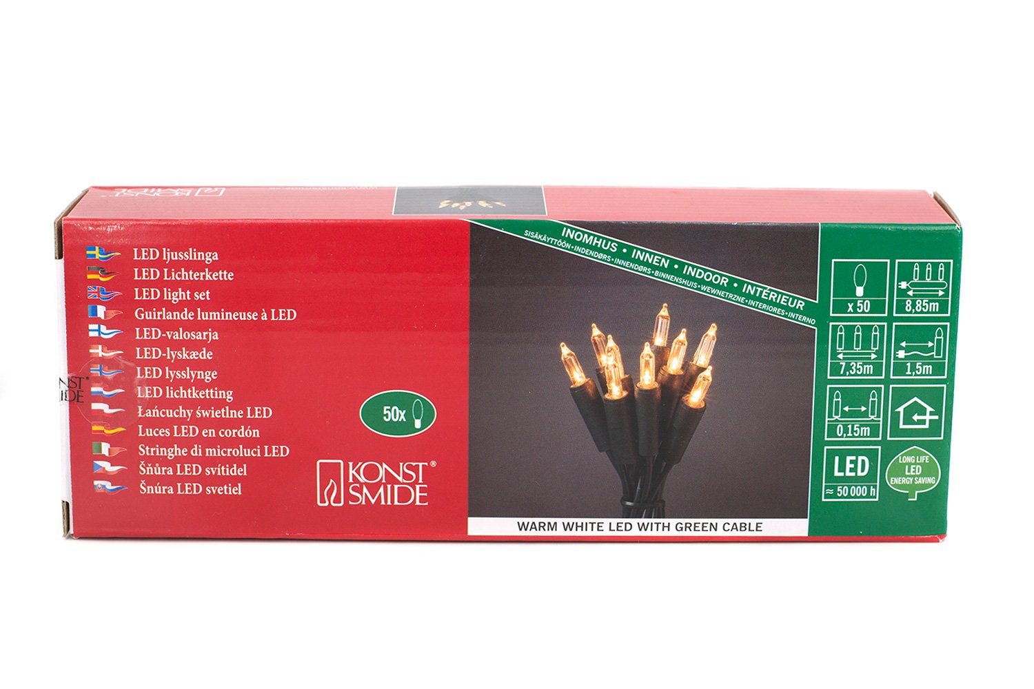 KONSTSMIDE LED-Lichterkette, LED Lichterkette 8,85m Grün Indoor Dauerlicht 50 LEDs Warmweiß