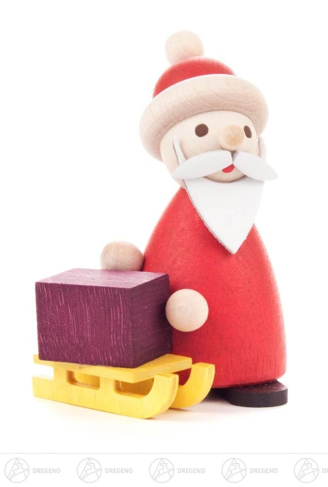 Dregeno Erzgebirge Weihnachtsfigur Weihnachtliche Miniatur Ruprecht mit Schlitten Höhe ca 7,5 cm NEU, mit Schlitten und Geschenk
