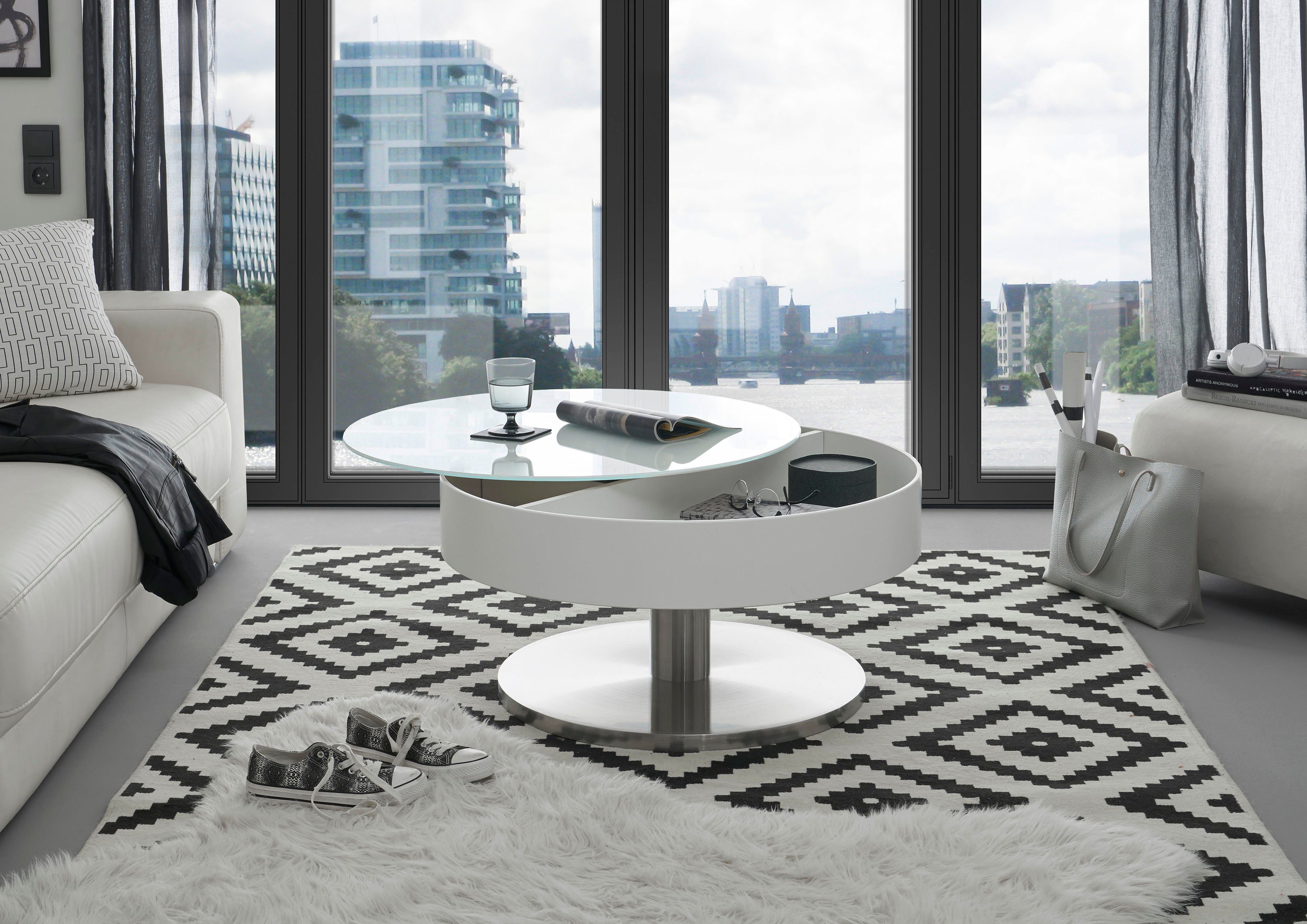 furniture drehbar | weiß mit Couchtisch Weiß MCA Suva, Tischplatte Innenfach