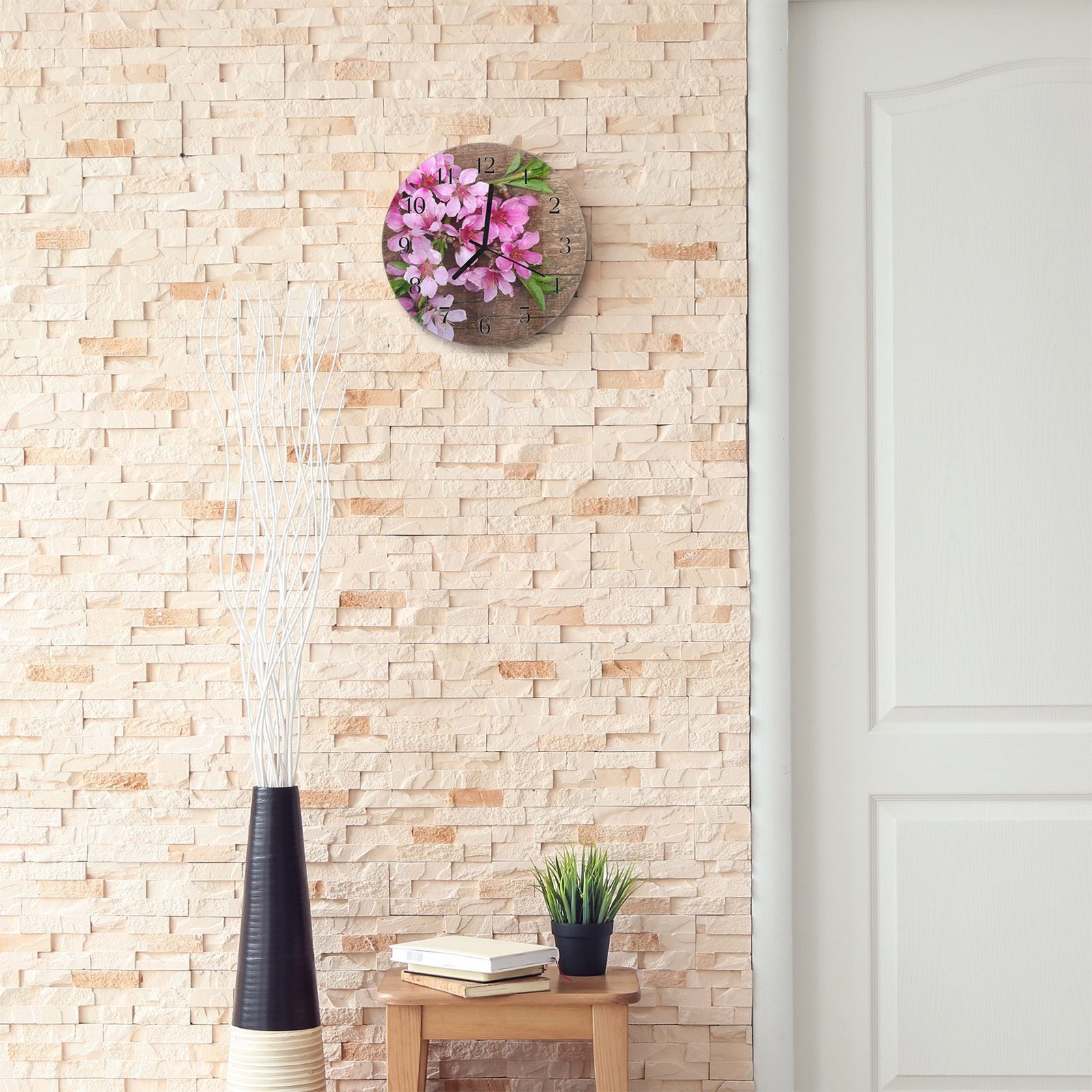 Wanduhr Durchmesser mit aus Glas Rund mit Motiv Primedeco und cm 30 Quarzuhrwerk - Frühlingsblumen Wanduhr