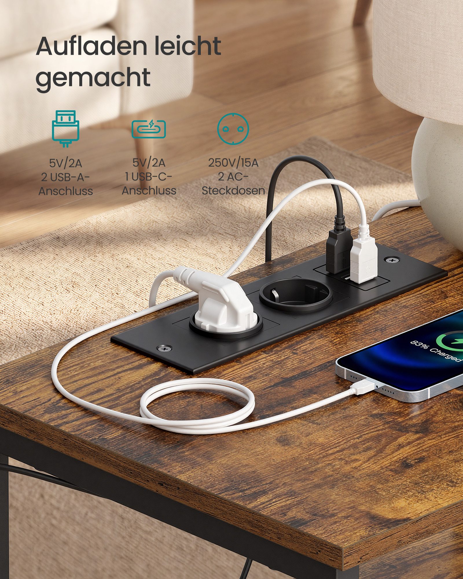 SONGMICS Nachttisch Beistelltisch, mit Ladestation, Beistelltisch mit App-gesteuerter, LED-Beleuchtung