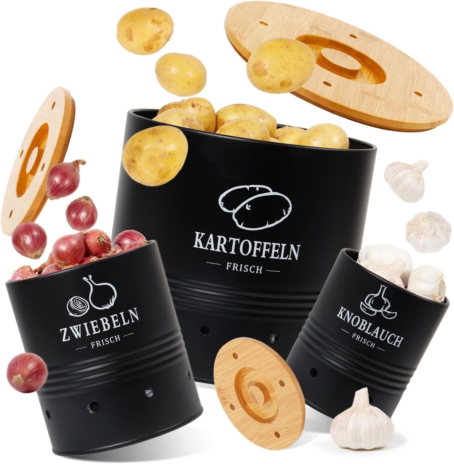 Zedelmaier Vorratsdose Банки для зберігання für Kartoffeln,Zwiebeln,Knoblauch, Runden, (Set, Set of 3), 360° Luftzirkulation, mit Bambusdeckel, Hält das Gemüse frisch