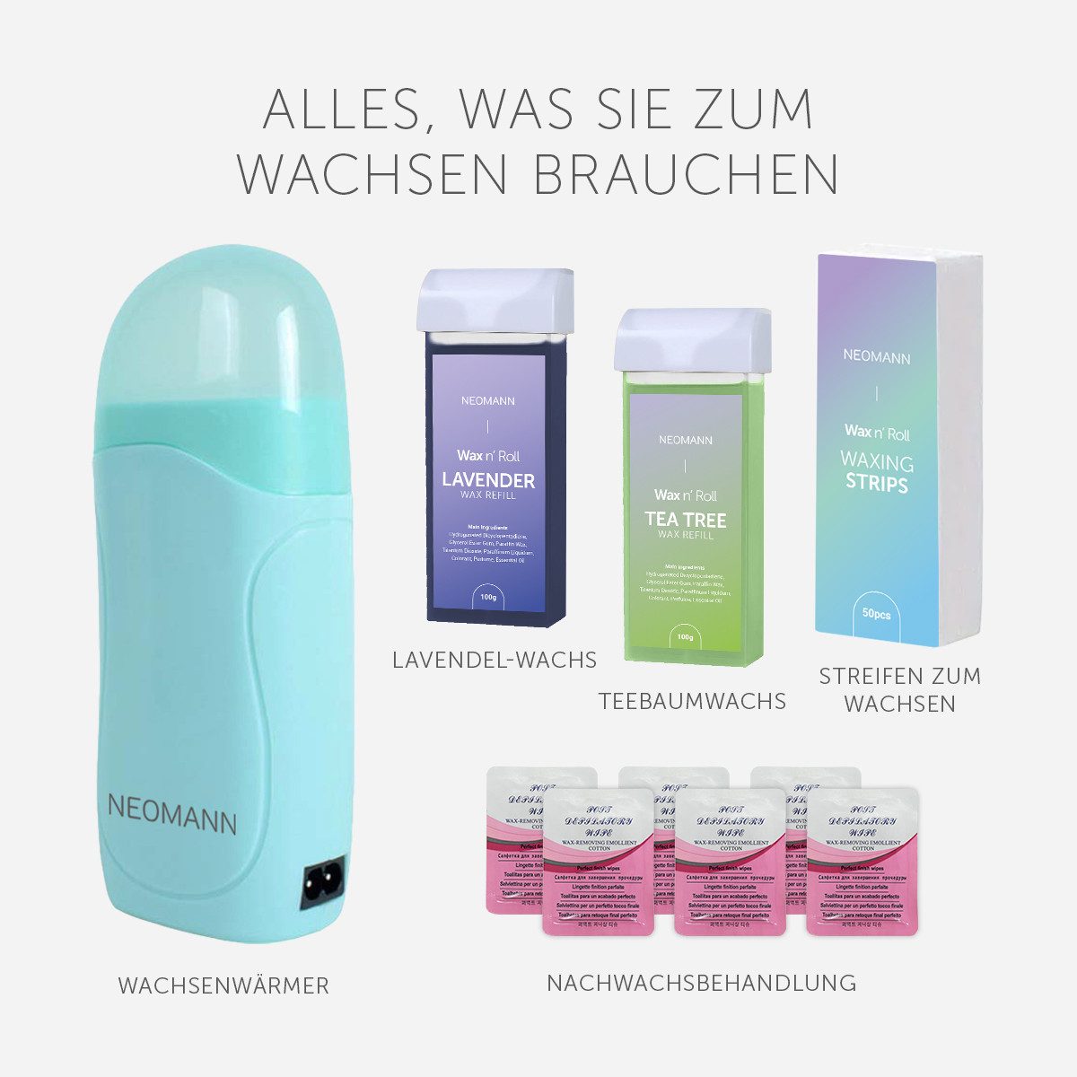 NEOMANN Enthaarungswachs Wax n’Roll, Wachsroller mit 2 Stück Wachsnachfüllungen, Ganzkörperwachs