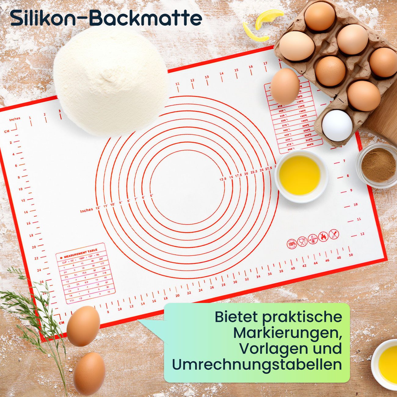 shop'n smile ideoon Backmatte 2er-Set Silikon-Backmatte 60x40cm Antihaft-Teigmatte Messskala, Silikon, Schablonen, Spülmaschinenfest, Ersetzt Backpapier, hitzeb – Bild 4 von 5