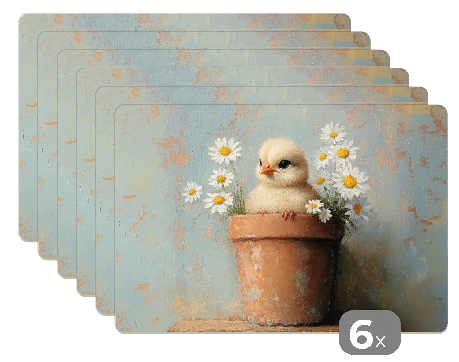 MuchoWow Platzset Blumentopf - Küken - Blumen - Ostern Deko, (6-St), Platzsets, Tischset, Abwaschbar, Tischsets, Platzdeckchen