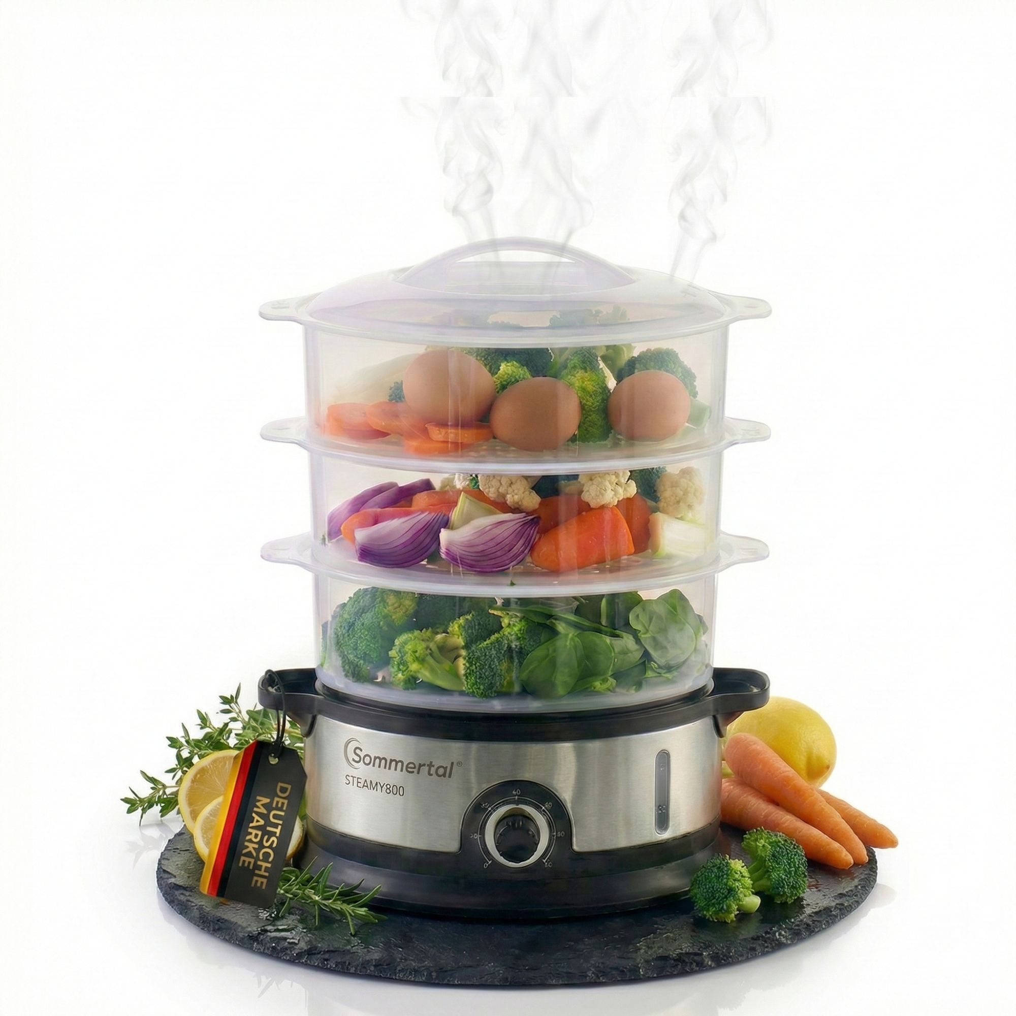 Sommertal Dampfgarer Sommertal Dampfgarer STEAMY800 Dämpfer 800W 3 Schicht Topf