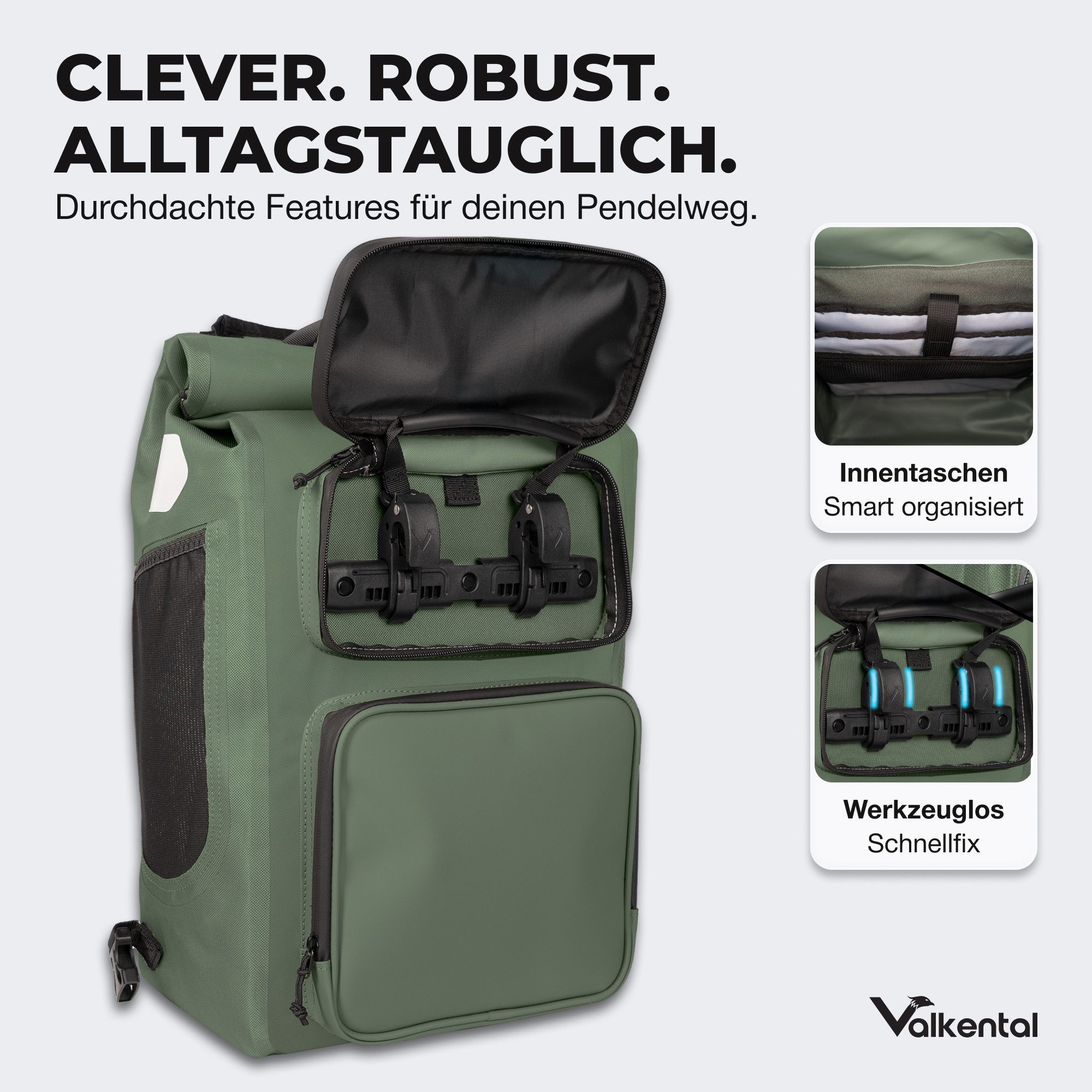 Valkental Gepäckträgertasche Gepäckträgertasche 2in1 Fahrradtasche mit Rucksackfunktion UrbanX (mit Rucksackfunktion und abschließbarer Halterung), 100 % wasserdicht & reflektierend, 28 L