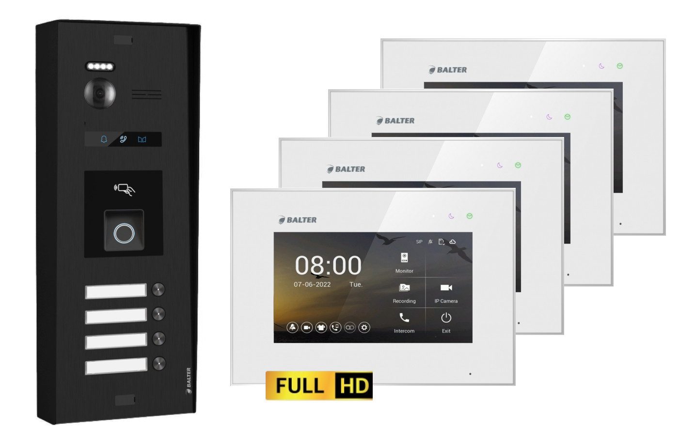 Balter Video-Türsprechanlage BALTER EVO-HD Aufputz Türsprechanlage 4-Familienhaus Schwarz Weiß (Set, 4-Familienhaus, Komplettset, Full HD 175° Kamera, Fingerprint, RFID)
