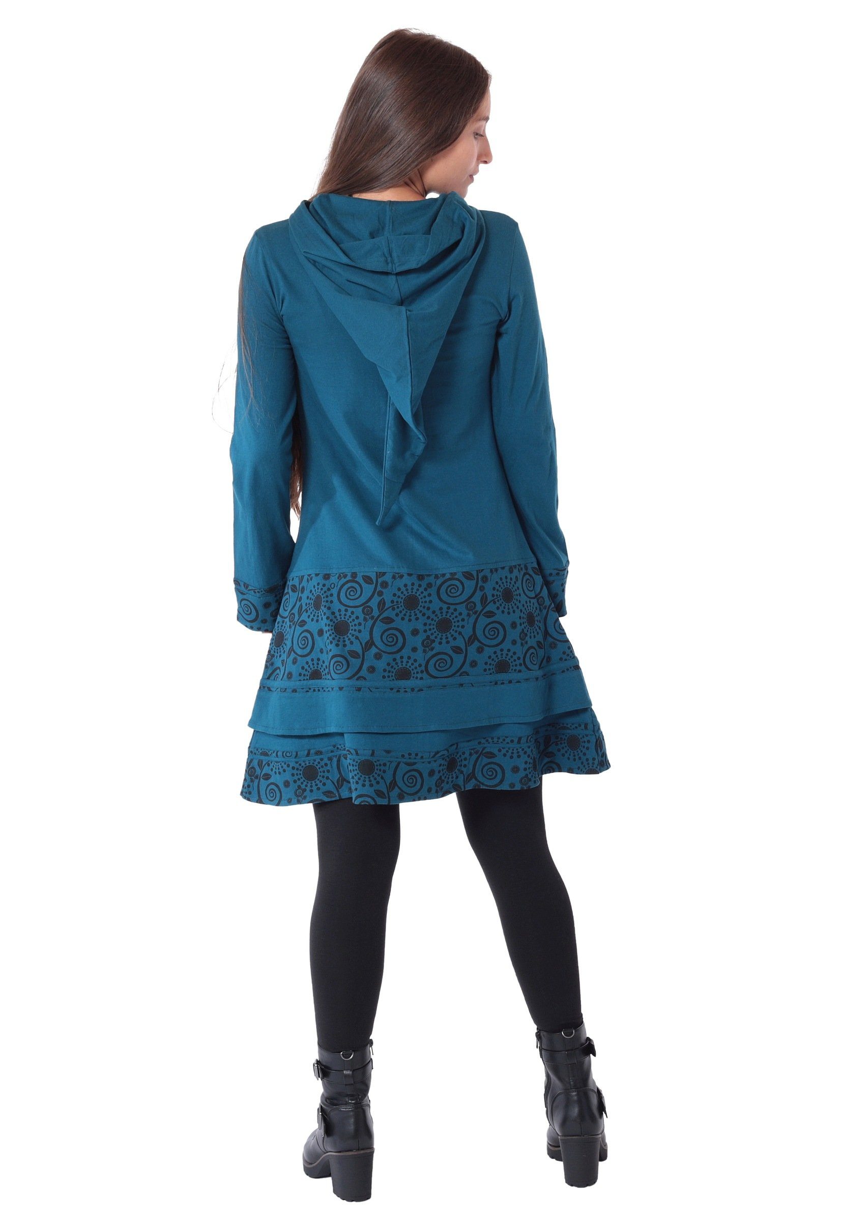 PUREWONDER Sweatkleid Elfenkleid aus Baumwolle mit Zipfelkapuze Nr. 186 Blau L im Patchwork-Stil – Bild 4 von 5