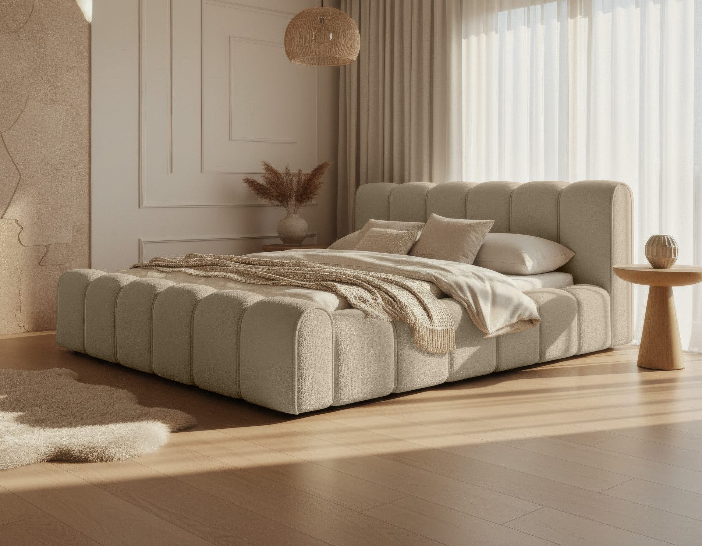 yourhouse24 Polsterbett Designer Loop Bouclé (Bettgestell mit Lattenrost und Bettkasten), Boucle-Stoff, Steppkopfteil, Bettkasten, pflegeleicht, stilvoll