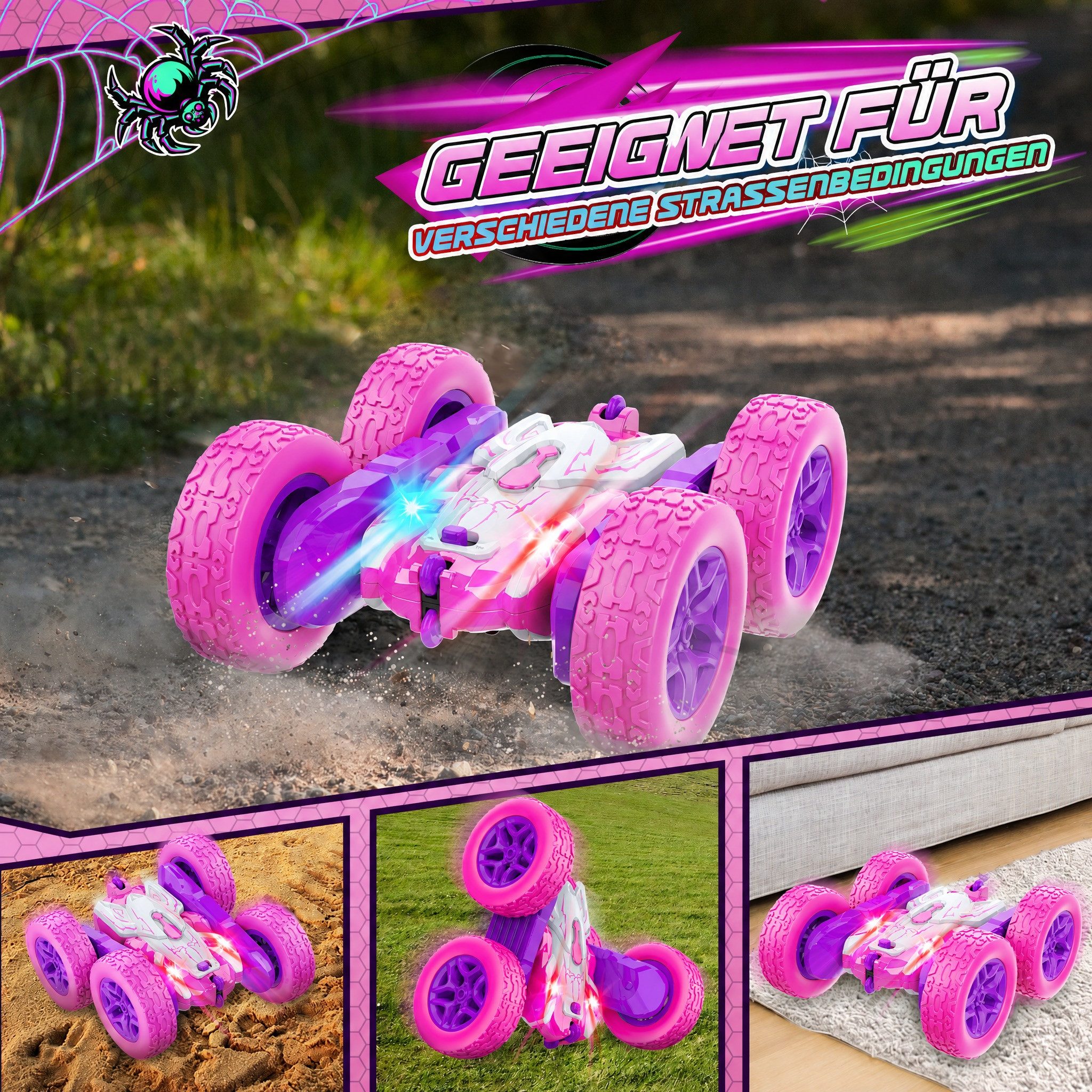 Wootoy RC-Auto RC Stunt Car 4WD Ferngesteuertes Auto Spielzeug-Auto mit 360°-Rotation (mit blinkenden LED-Lichtern 2,4-GHz-Fernsteuerung, 1-tlg., Spielzeit von bis zu 80 Minuten), Geeignet für Boden Teppich Rasen und Sand im Innen- und Außenbereich
