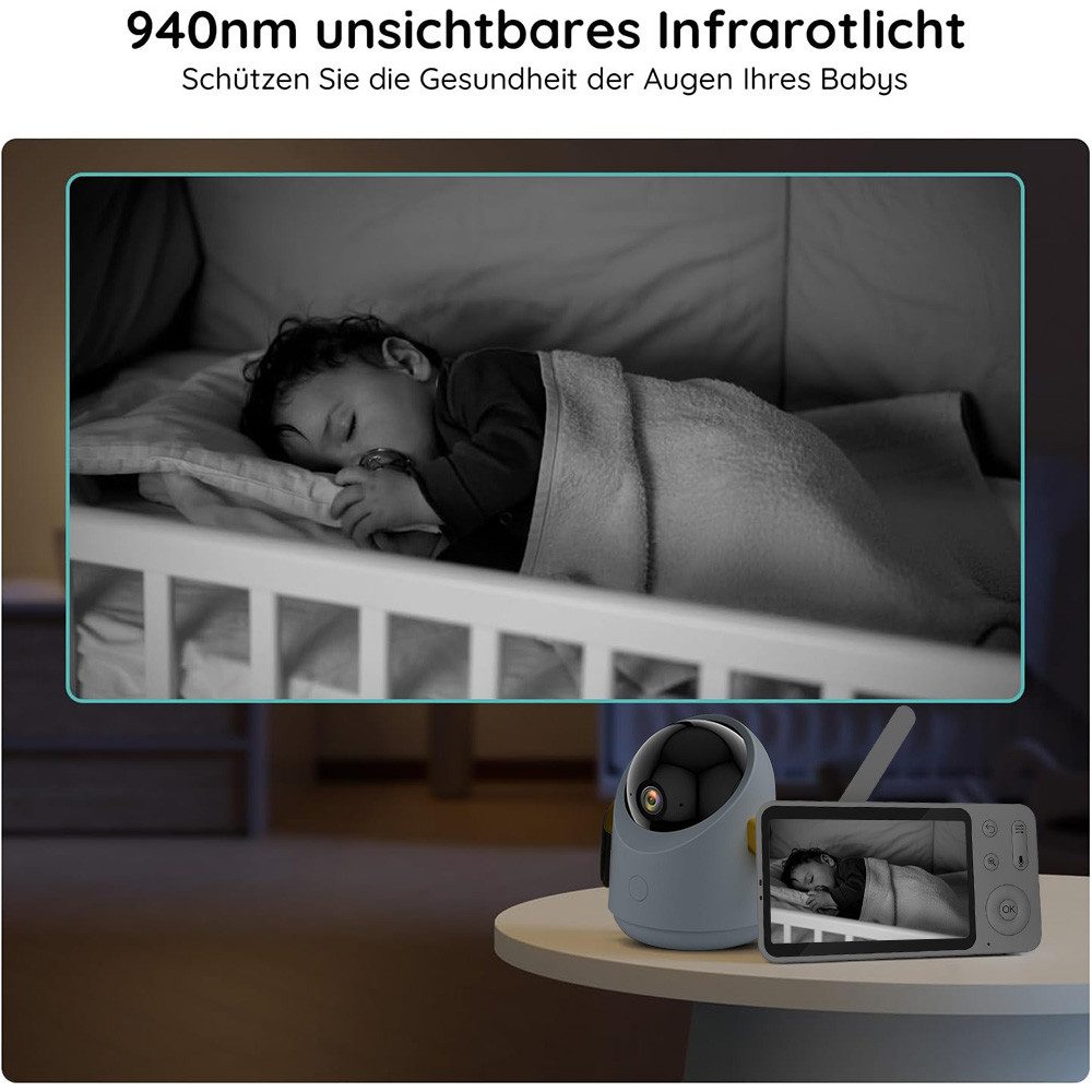 Avylet Babyphone 2K/5,0 Zoll WLAN Babyphone mit Kamera und App IR/RBG Nachtsicht, Automatische Verfolgung, Video Babyfon PTZ 360° Überwachungskamera Innen für Haustier, Weinen/Bewegungs/Geräuscherkennung, Temperatur, Schlaflieder, 4× Zoom,Nachtlicht, 2-Wege-Audio,Feuchtigkeitsmessung