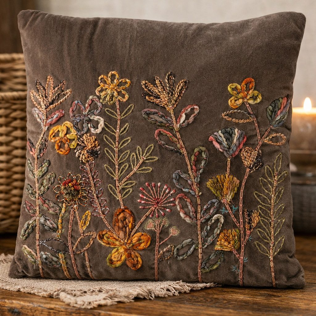 MF Dekokissen Kissen Florena Terra 45x45 cm Handbestickt Braun Floral
