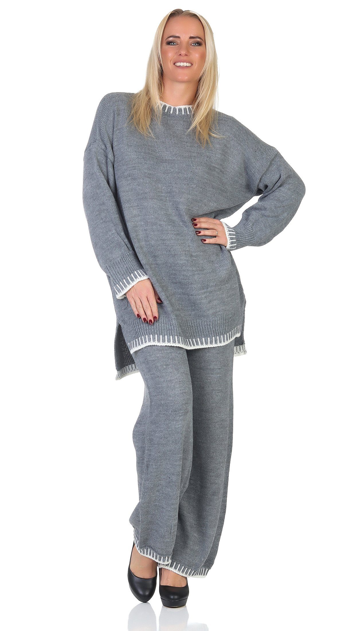 Mississhop Strickhose Strickanzug Strickset 2-teilig Hose Pullover M.382 (2-tlg) Grau