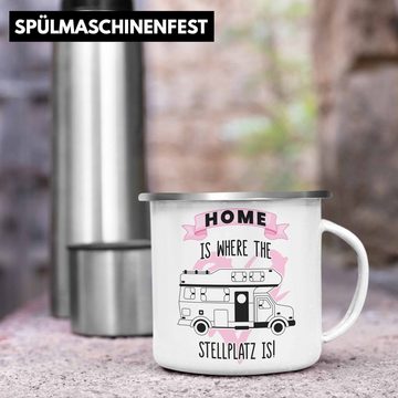 Trendation Thermotasse Trendation - Wohnwagen Camper Emaille Tasse Geschenke Wohnmobil für Männer Campingwagen Geschenkidee Zubehör Camping Opa Oma Rentner Lustig Grafik Home Is Where The Stellplatz Is