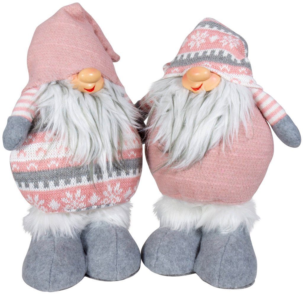 Christmas Paradise Weihnachtsfigur stehender Wichtel 30cm (40cm) (Dekofiguren, 2 St., im Set), Gnom Doppelpack, 2 verschiedene Zipfelmützen, Weihnachtsdeko Rosa-Grau