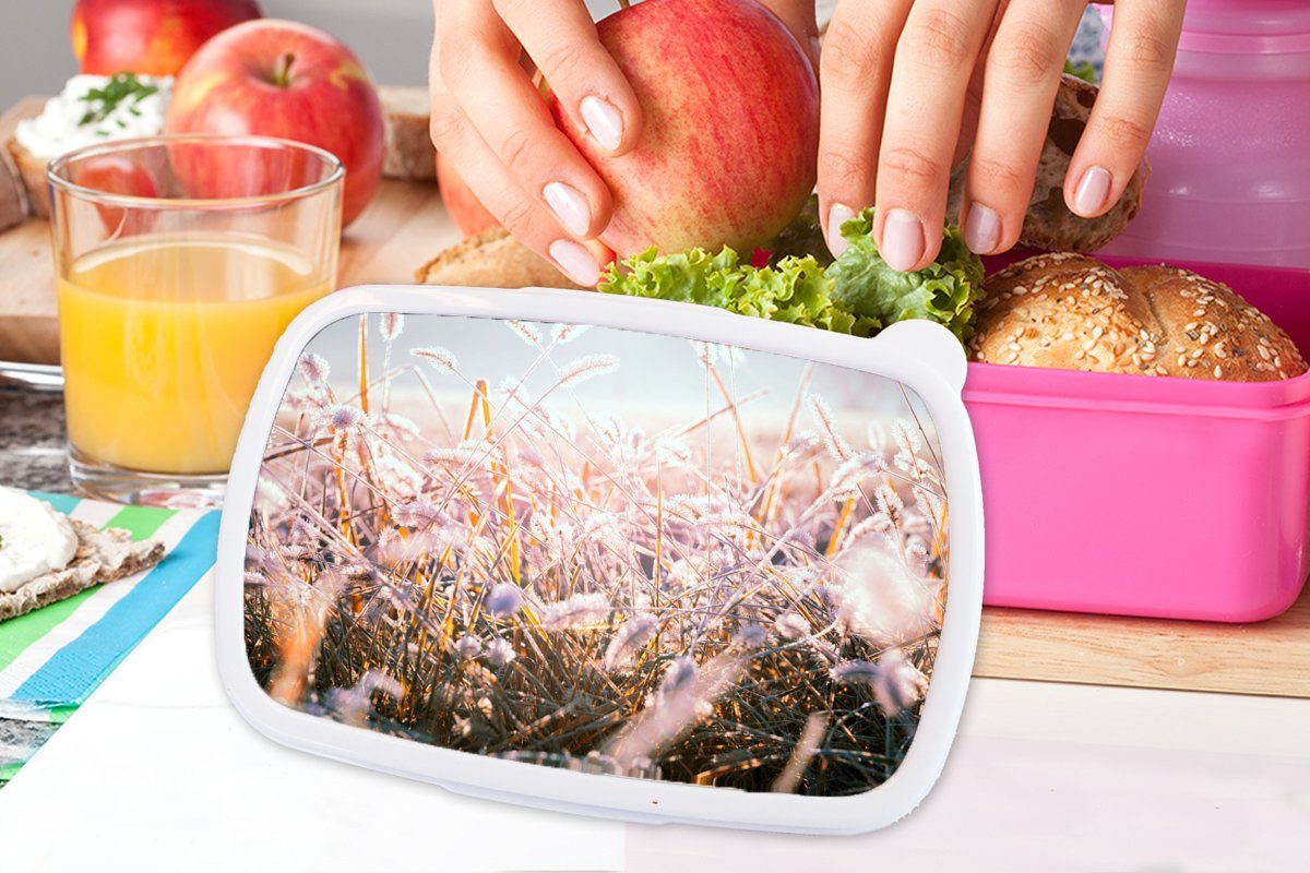 Brotbox - Kunststoff rosa Schnee, MuchoWow für Brotdose (2-tlg), - Mädchen, Snackbox, Gras Erwachsene, Sonne Lunchbox Kinder, Winter - Kunststoff,