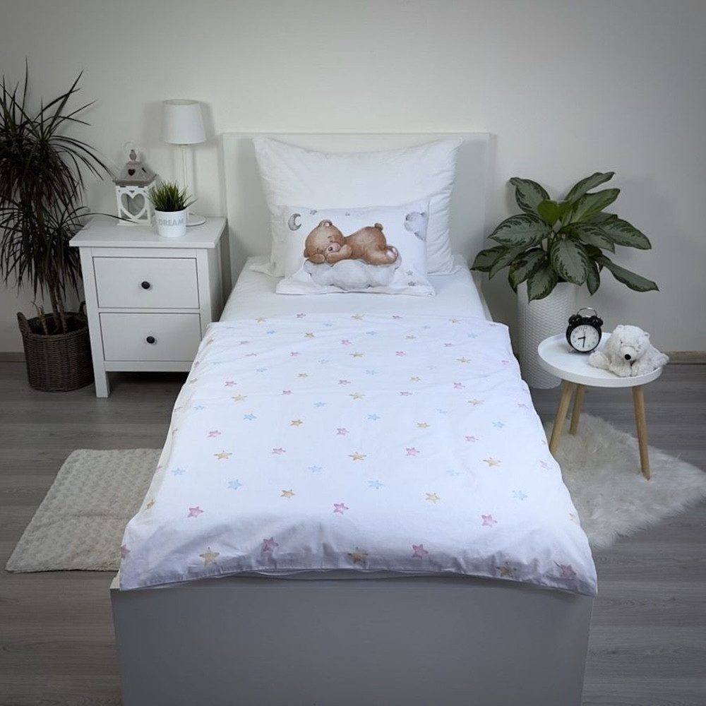 Jerry Fabrics Babybettwäsche Wendebettwäsche Set süßer Teddy Bär Mond 100x135+40x60cm, Baumwolle, 2 teilig, 100% Baumwolle
