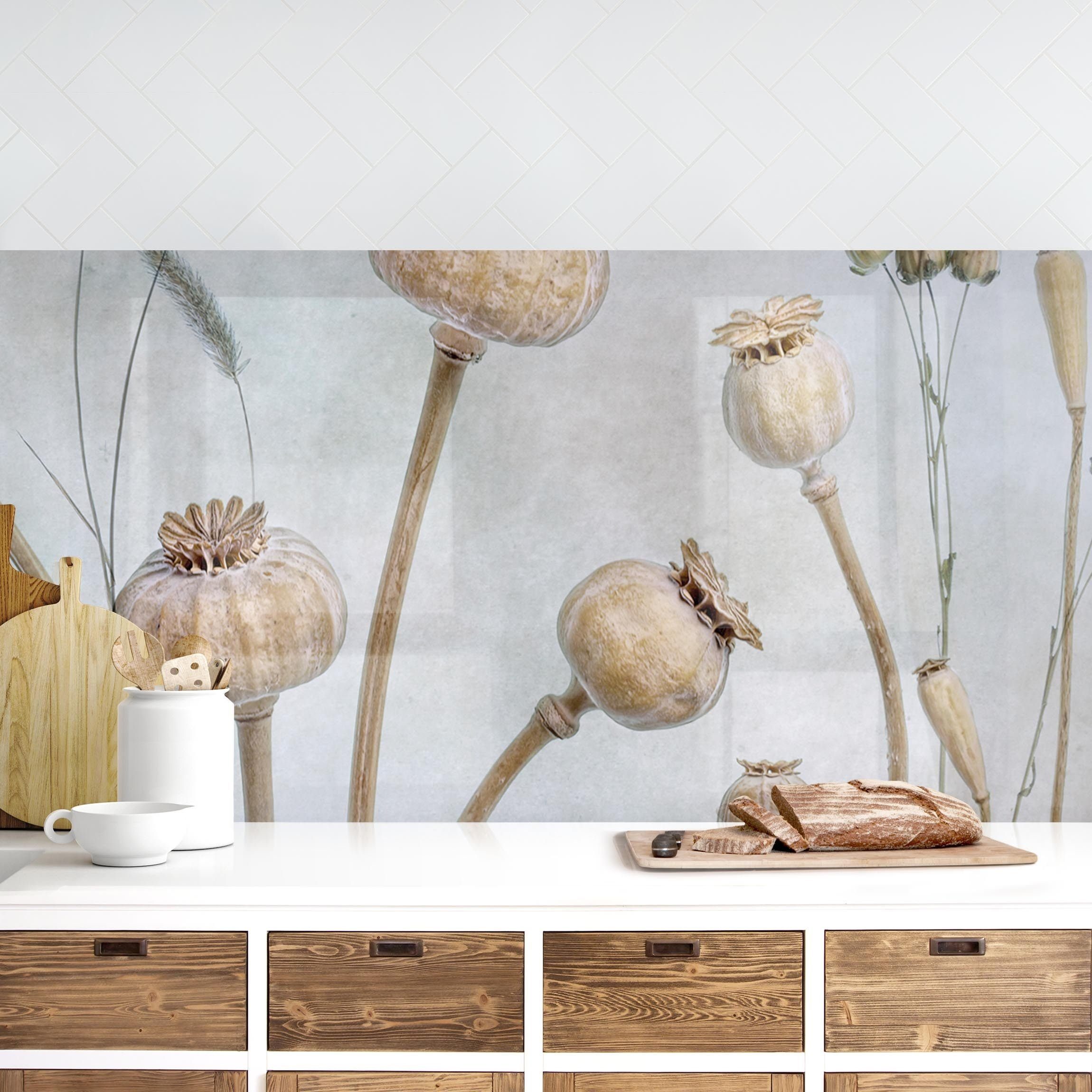 Bilderdepot24 Küchenrückwand braun dekor Blumen Kunst Vintage Landhaus Getrockneter Mohn, (1-tlg., Nischenrückwand - für Fliesenspiegel ohne Bohren - matt), Spritzschutz Rückwand Küche Herd - Folie selbstklebend versch. Größen