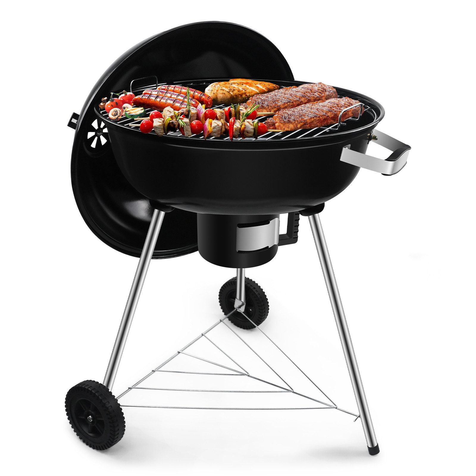 SunJas Holzkohlegrill Emaille Kugelgrill Campinggrill mit Deckel und Rädern, Gartengrill Mobiler Grill Outdoor Grill BBQ Grill, Grillrostmaße Ø54cm für 5-10 Personen