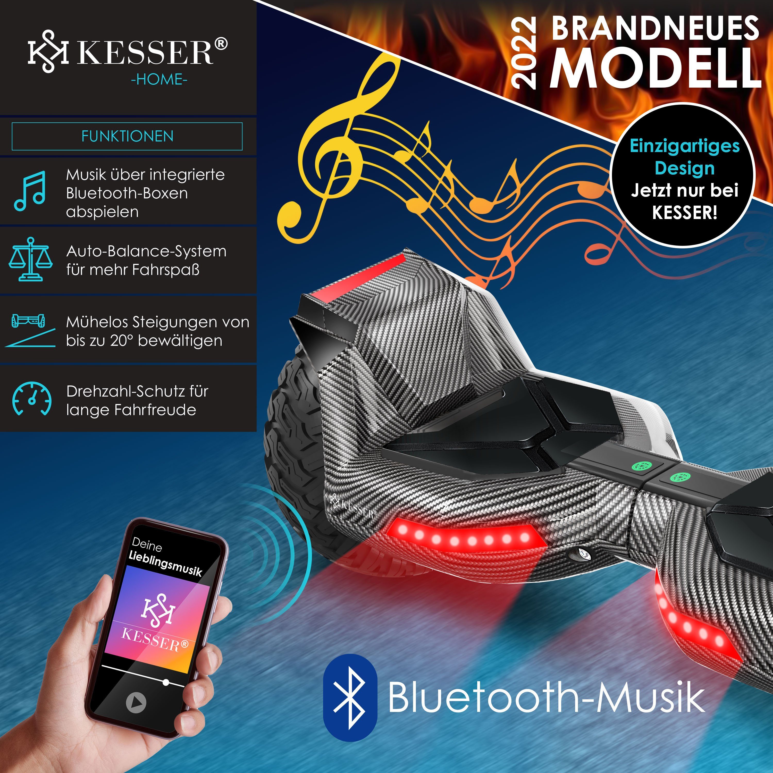KESSER Balancetrainer, Hoverboard mit Shiny LED Zoll Lautsprecher, Bluetooth 8,5 Licht Carbon 800