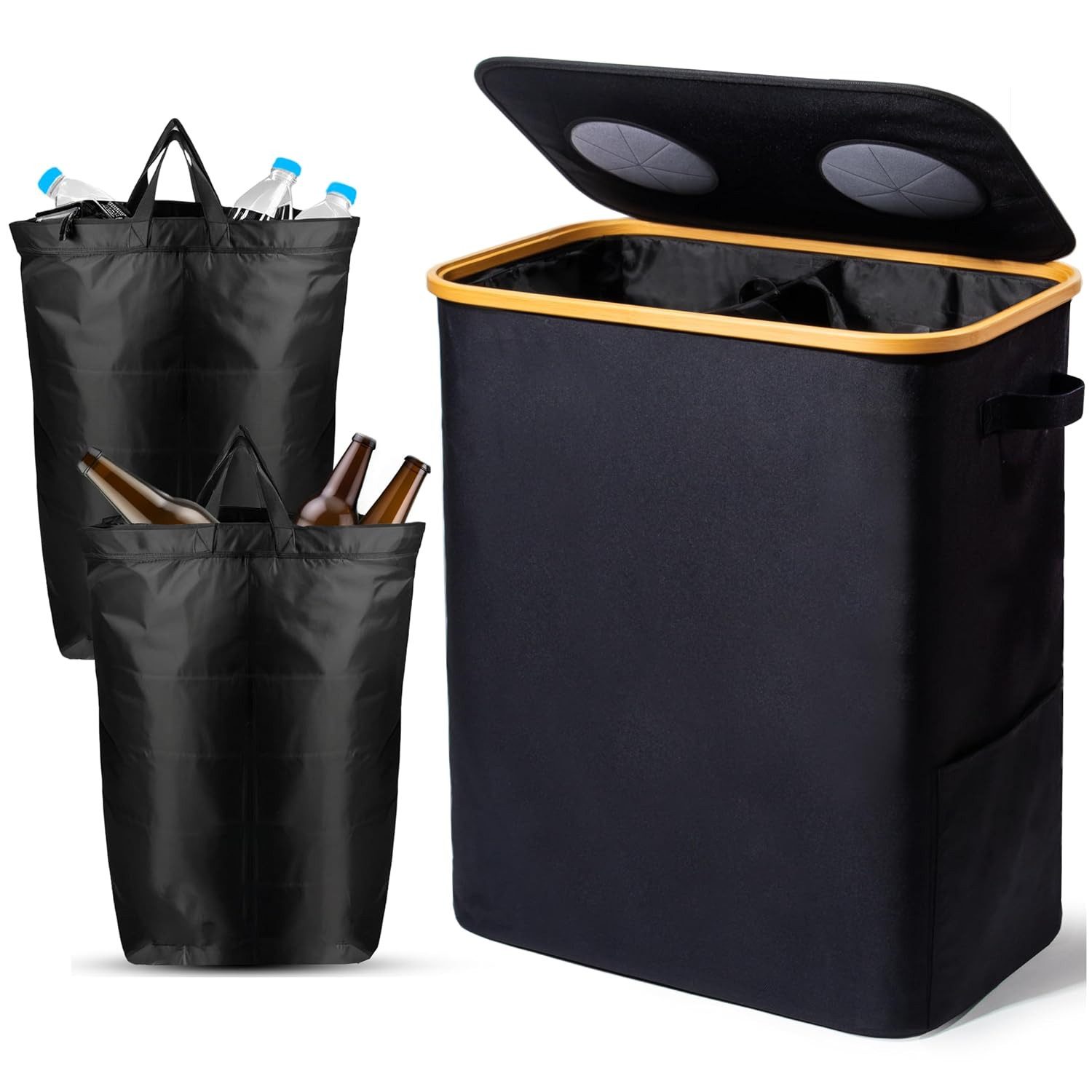 FANNOU Flaschenkorb 140L Pfandflaschen Sammelbehälter mit Deckel & XXL Tragetaschen, Flaschensammler, Recycling Behälter für Küche & Abstellraum