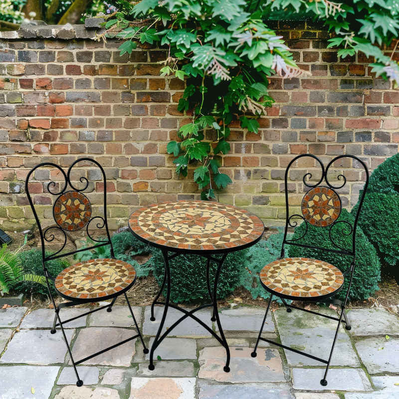 Wohnando Garten-Essgruppe Bistroset "Caspian", Metalltisch, Metallmöbel, schwarz, Mosaik-Design, (3-tlg), bestehend aus 2 Stühlen und 1 Tisch, Terrakotta Mix