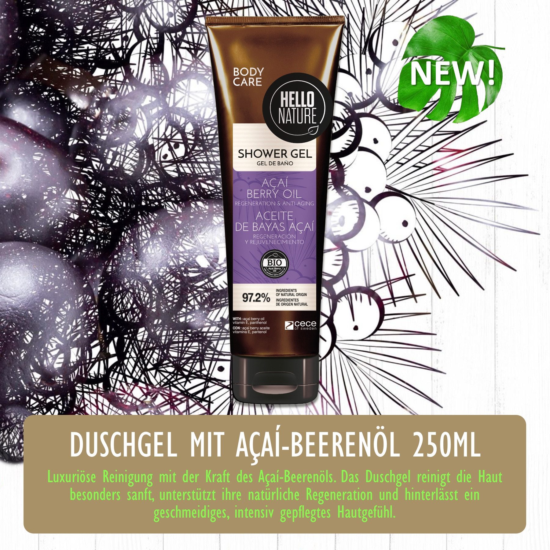 Hello Nature Duschgel Duschbad Herren Damen Shower Gel Waschmittel mit Acai-Beeren, 1-tlg., Hautpflege, Duschgel, Acai, Hello Nature