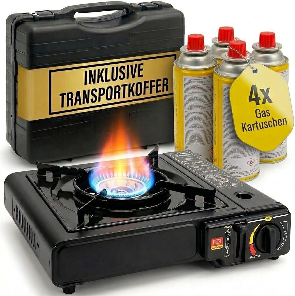 JUNG Gaskocher Campingkocher 4 Gaskartuschen, Notfallkocher survivalkit kocher stromausfall notfall