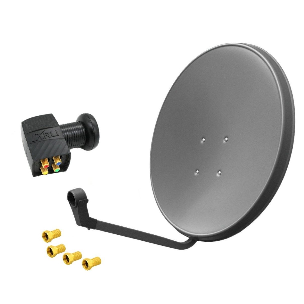 ARLI 60cm HD Sat Anlage grau + Quad LNB + 4x F-Stecker SAT-Antenne (60 cm, Stahl, Digital 4 Teilnehmer Antenne Grau UHD 4K)