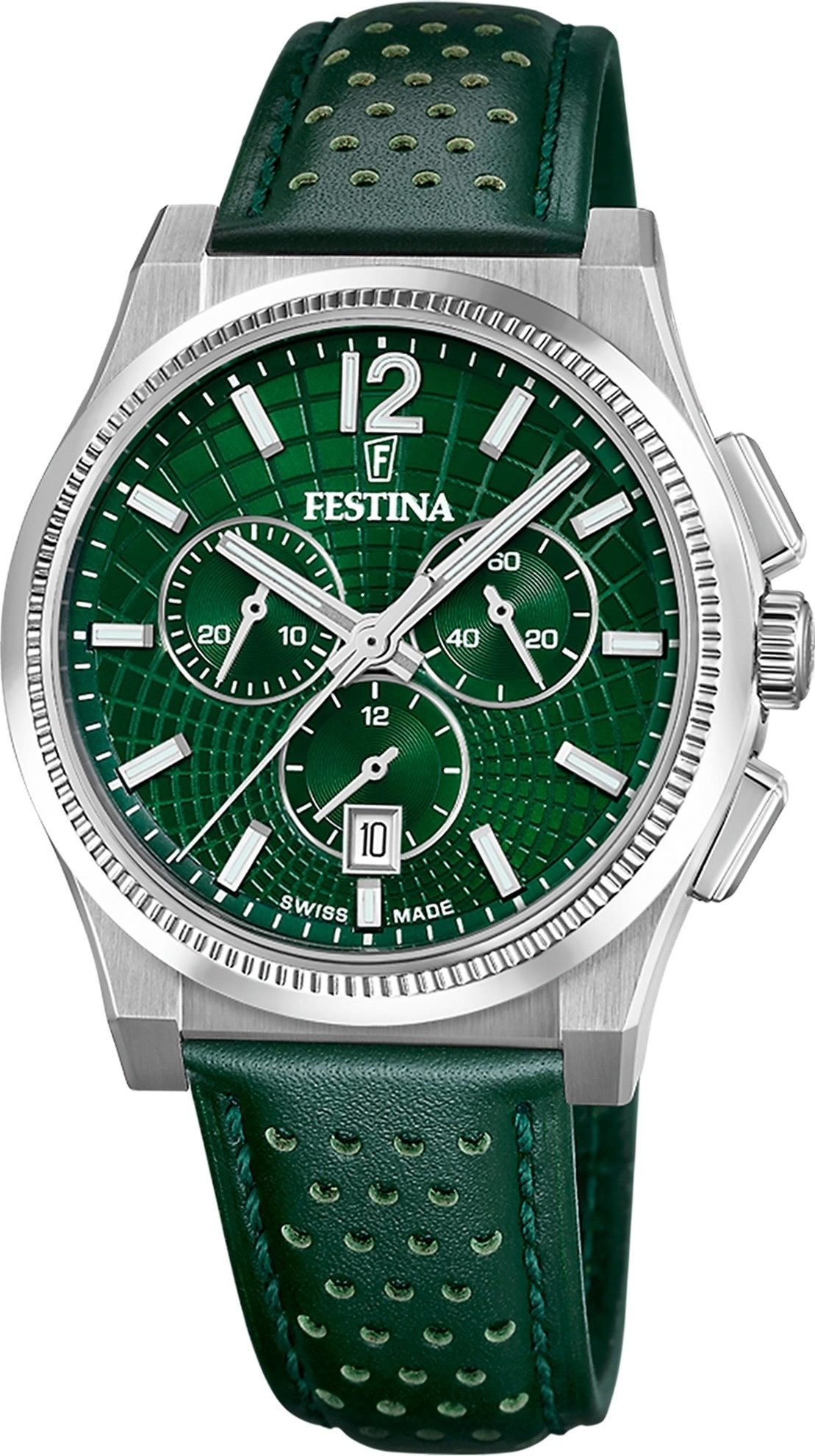 Festina Chronograph Festina Herrenuhr Swiss Made Armbanduhr, (Chronograph), Herren Armbanduhr rund, Lederarmband grün, Elegant