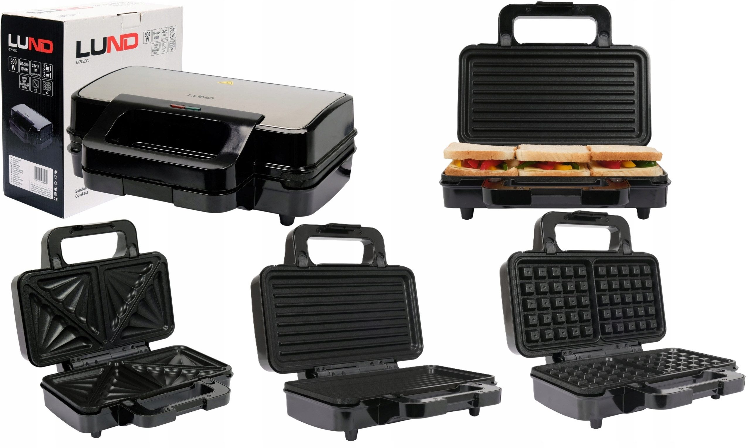 Lund 2-in-1-Sandwichmaker 3-in-1 XXL Sandwichmaker 900 W mit Wechselplatten, 900 W