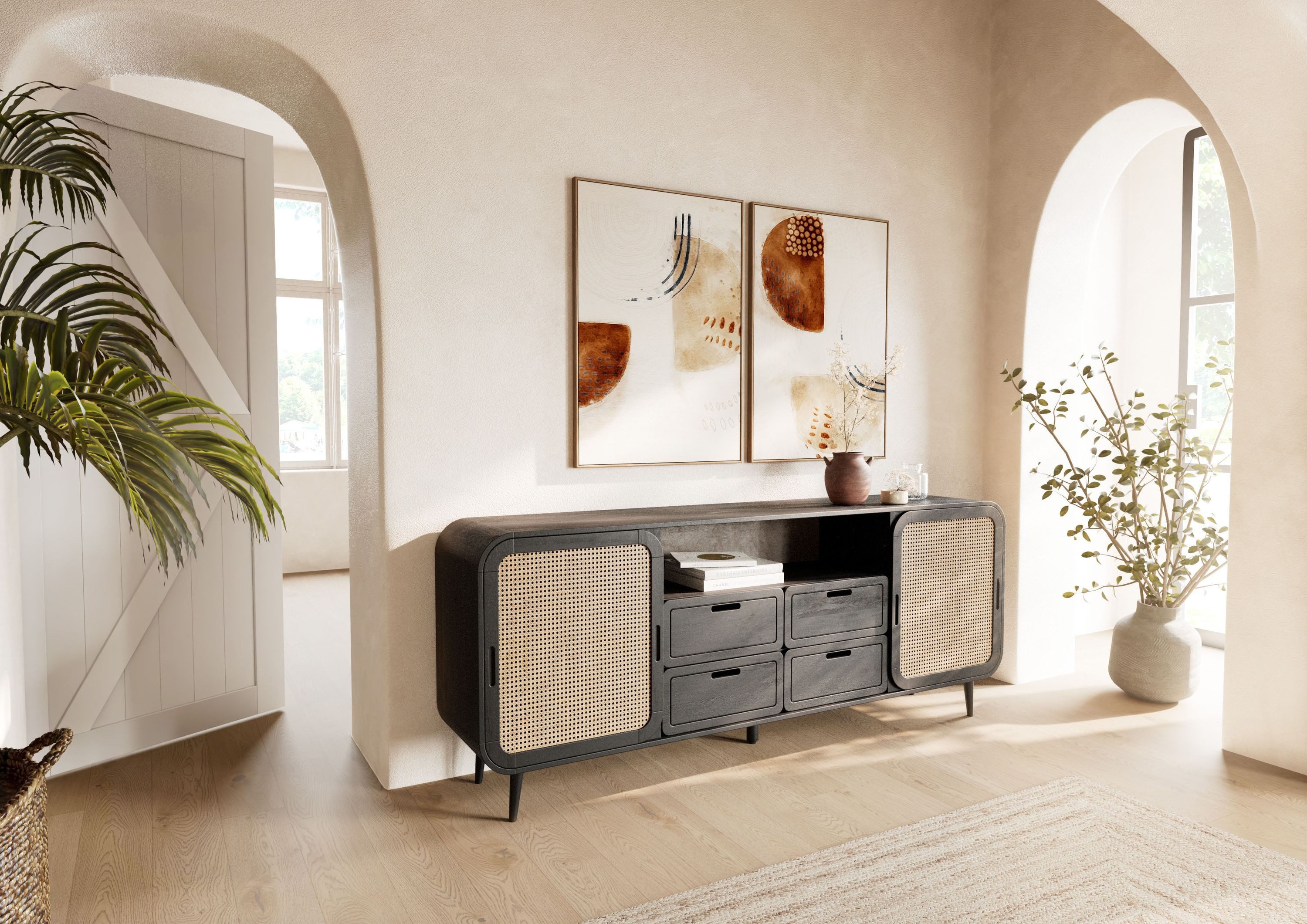 Massivmoebel24 Sideboard VALENCIA (Massivholz), Mango 200x40x80 dunkelgrau lackiert VALENCIA #220