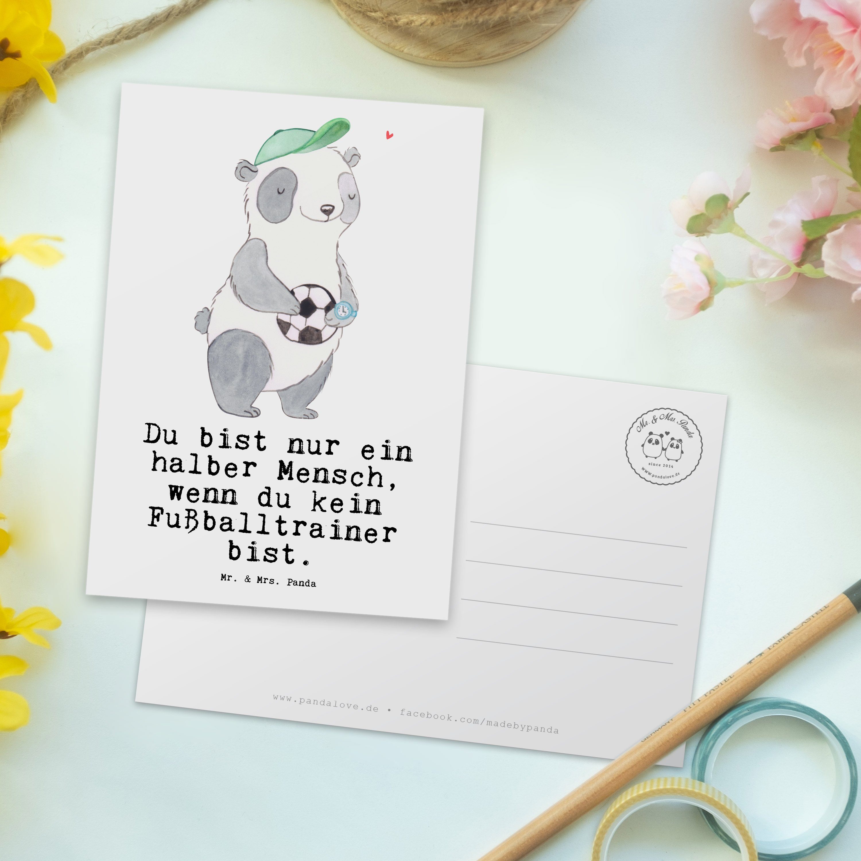 Weiß Glücksbr Herz - Mr. Einladung, Geschenk, Fußballtrainer Postkarte - Firma, mit Panda Mrs. &