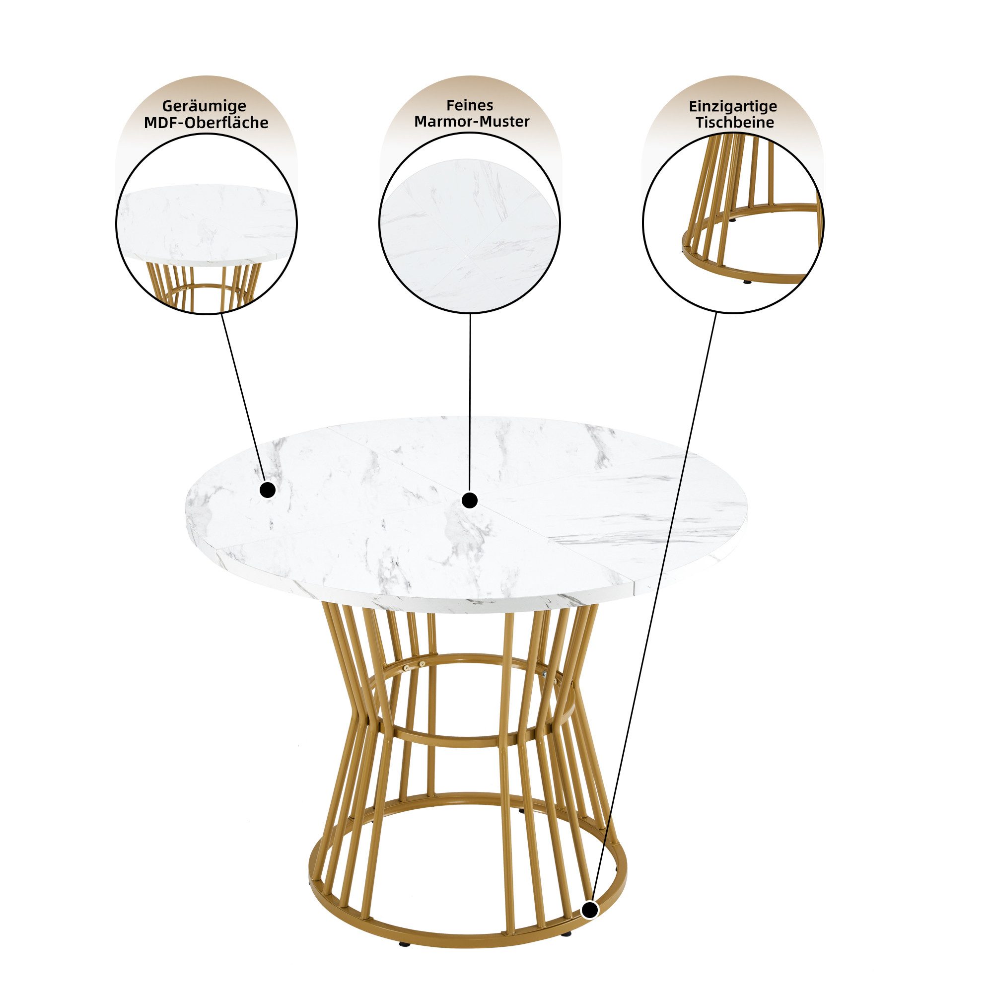 KLAM HOME Esstisch Weiß mit metallbein (1 stück), küchentisch, stabiler metallrahmen (moderne marmor - Oder esstische, frühstückstisch), geeignet für Esszimmer, Wohnzimmer