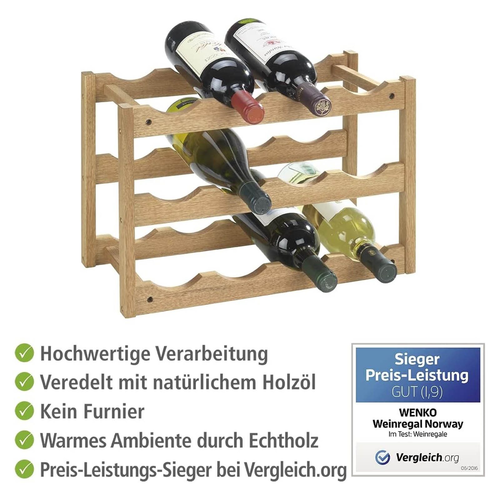 WENKO Weinregal Weinflaschenregal Norway Weinständer Flaschenregal, Walnussholz 3 Etagen für 12 Flaschen 42 x 28 x 21 cm – Bild 5 von 5
